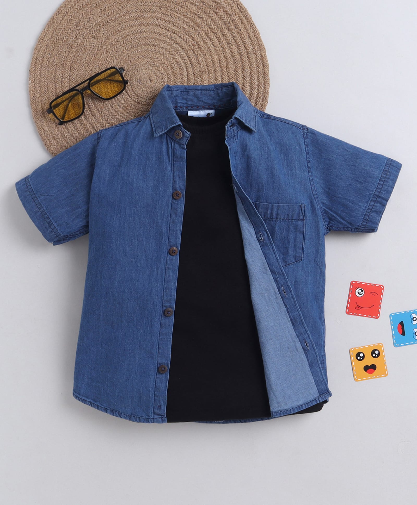 BAATCHEET Cotton Woven Half Sleeves Solid Shirt With Tee - Blue