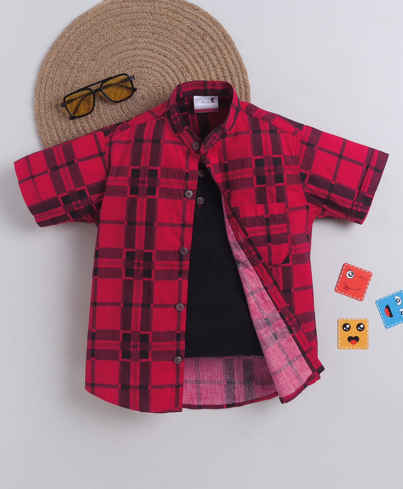 BAATCHEET Cotton Woven Half Sleeves Checked Shirt With Attached Tee - Red-picture-20