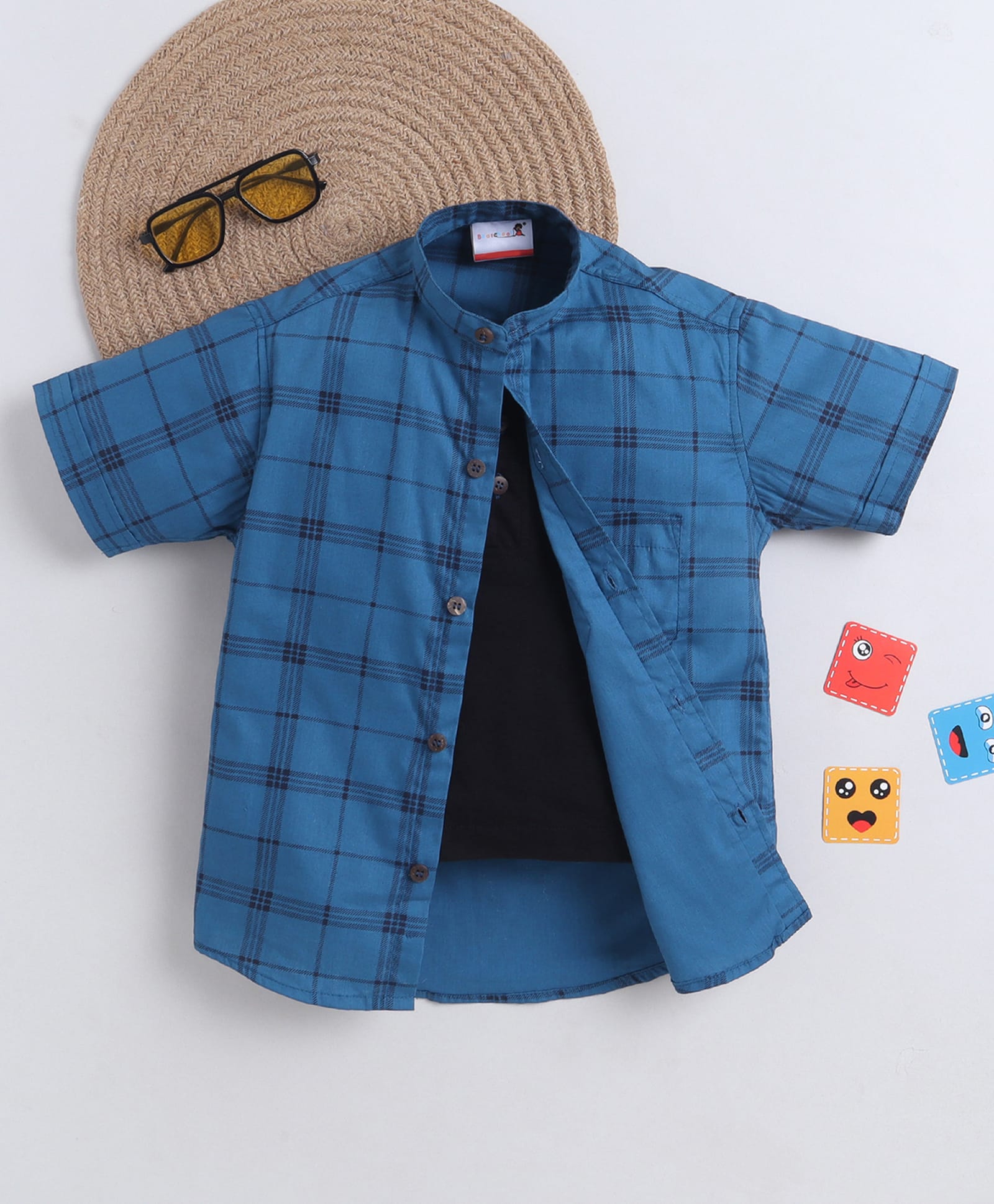 BAATCHEET Cotton Woven Half Sleeves Checked Shirt With Attached Tee - Blue-picture-11
