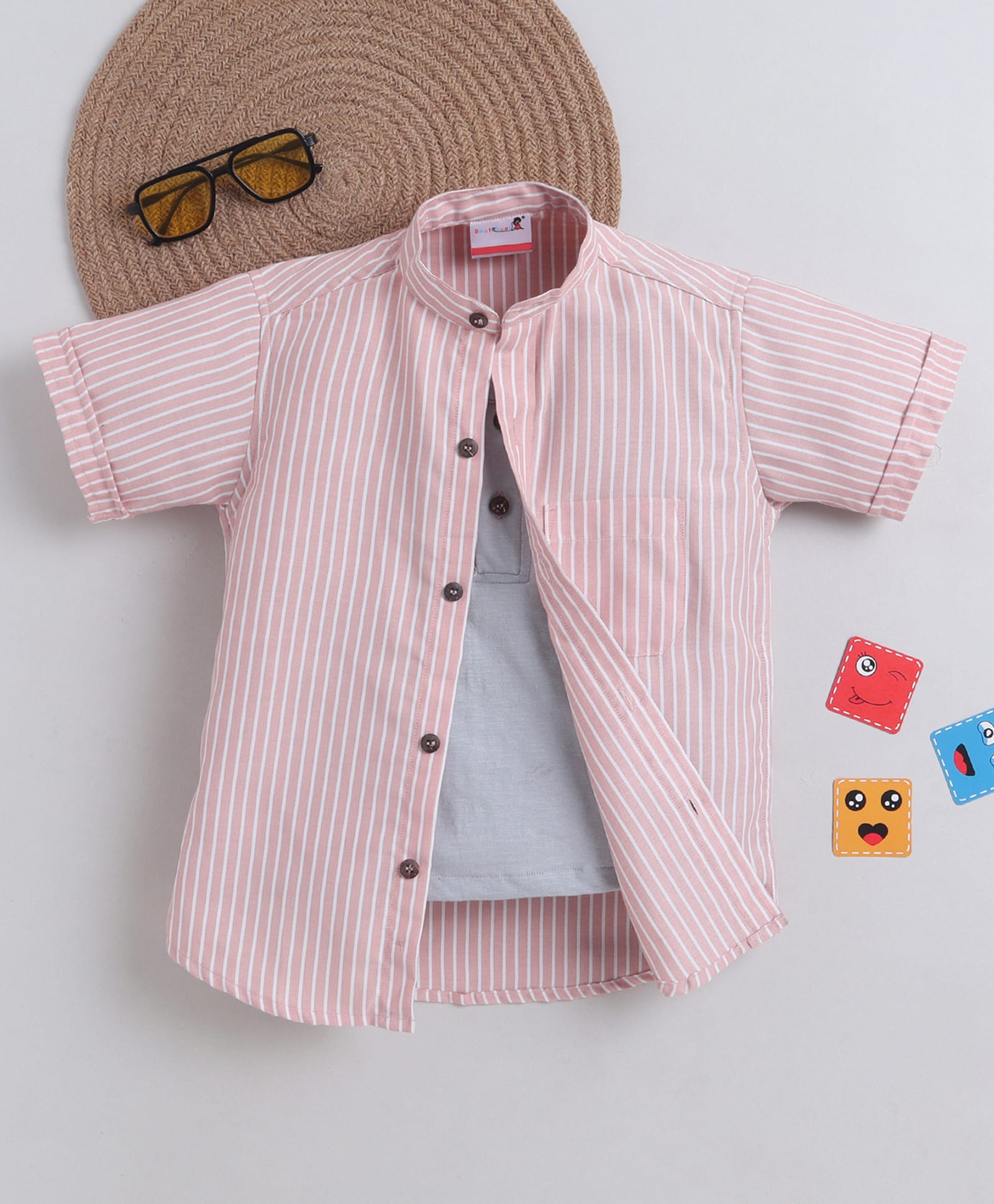 BAATCHEET Cotton Woven Half Sleeves Pin Striped Shirt With Attached Tee - Peach-picture-32