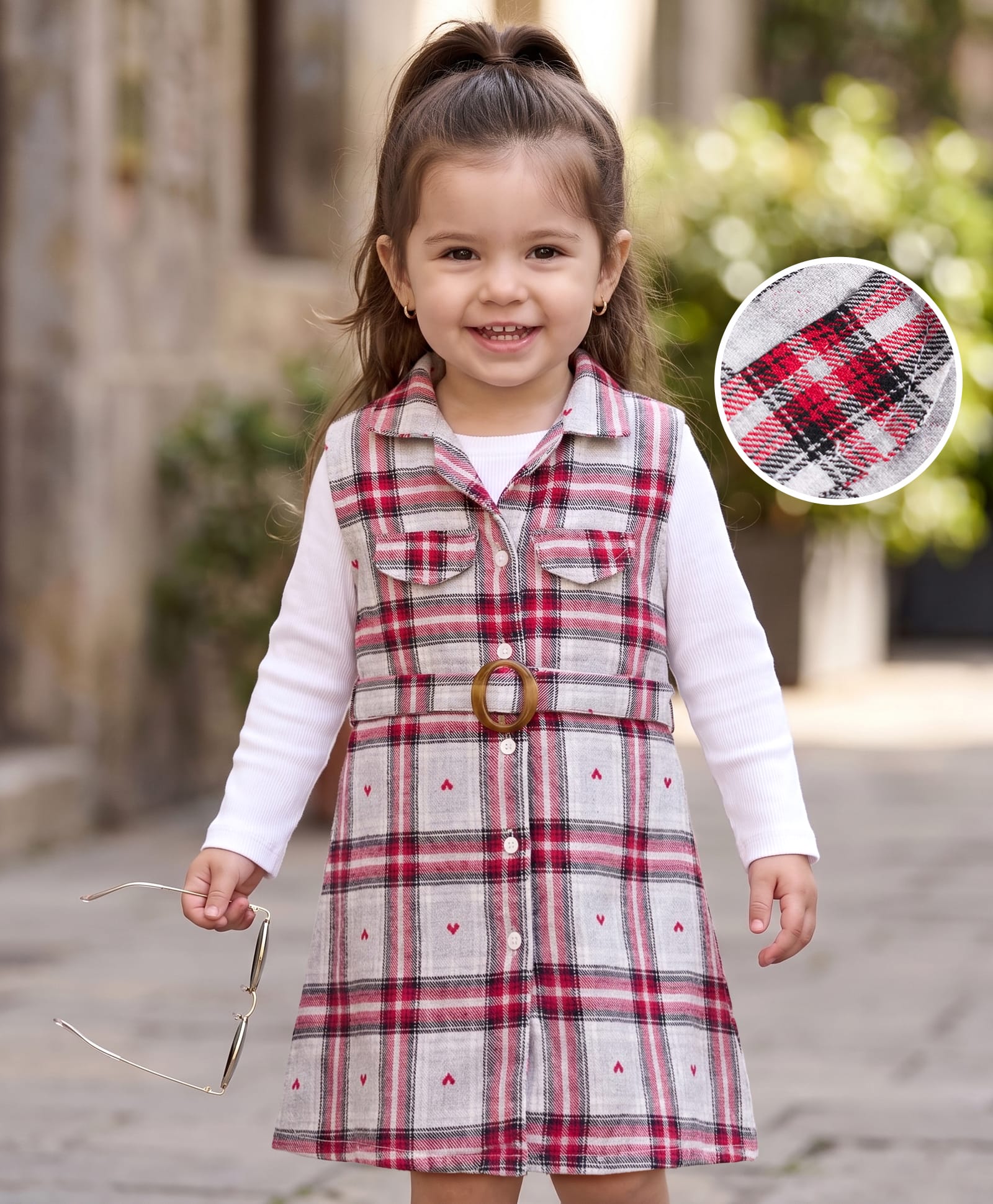 Babyhug Cotton Woven Full Sleeves Checked Frock With Heart Design & Inner Tee - Multi Color-image-38