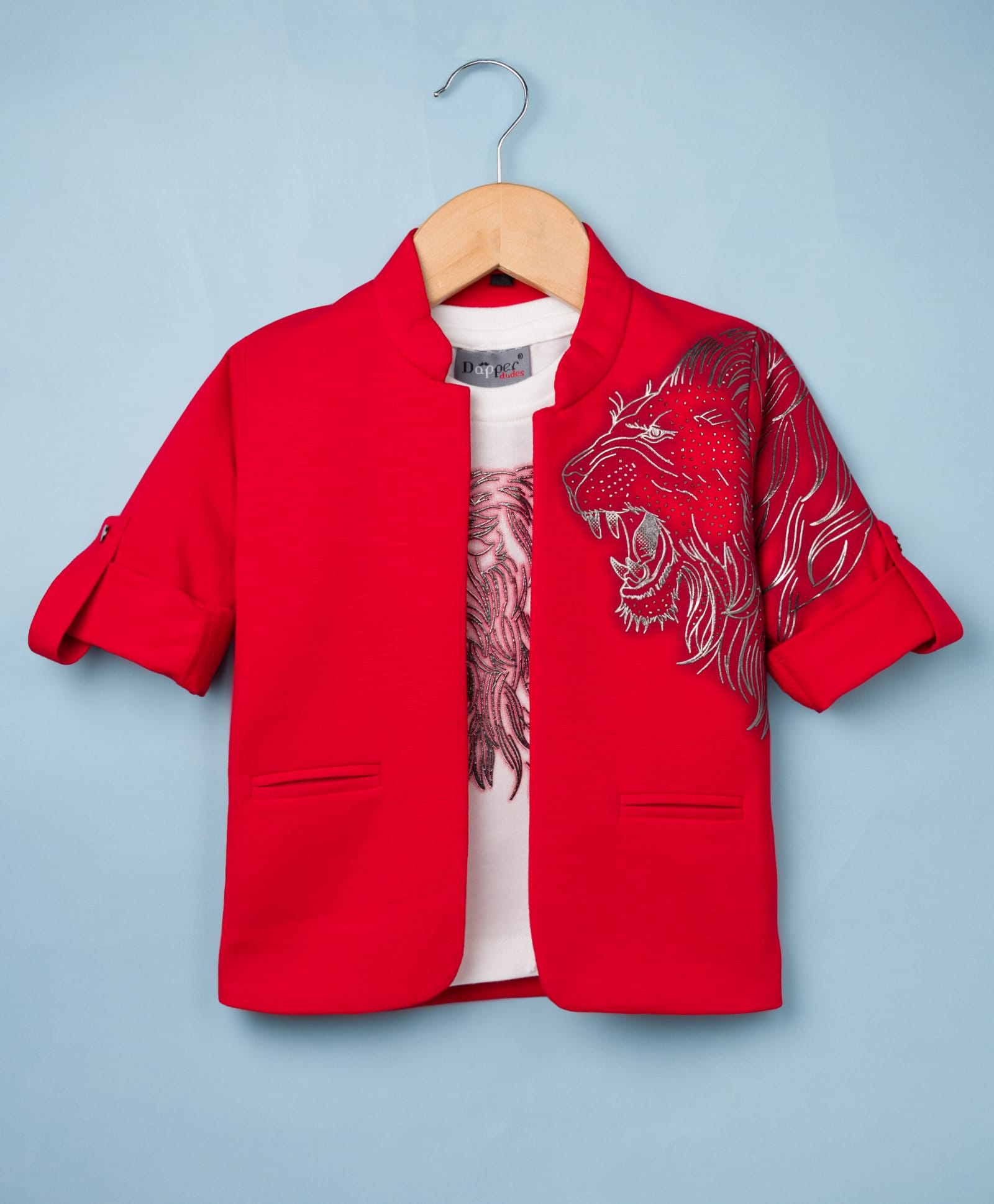Dapper Dudes Cotton Woven Full Sleeves Lion Printed Jacket With Printed Tee - Red
