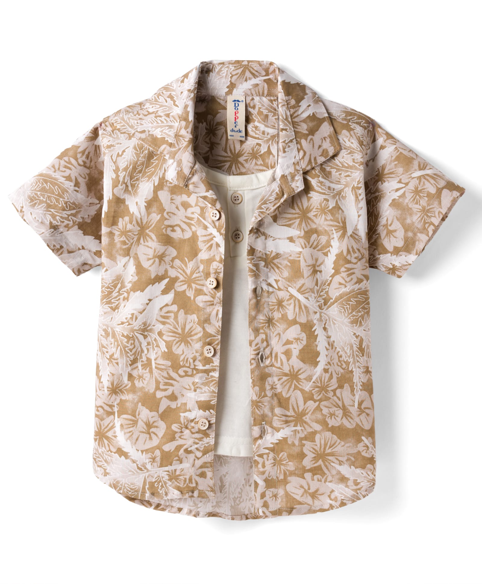 Dapper Dudes Woven Half Sleeves Tropical Theme Printed Shirt with Attached T-Shirt - Beige-image-5