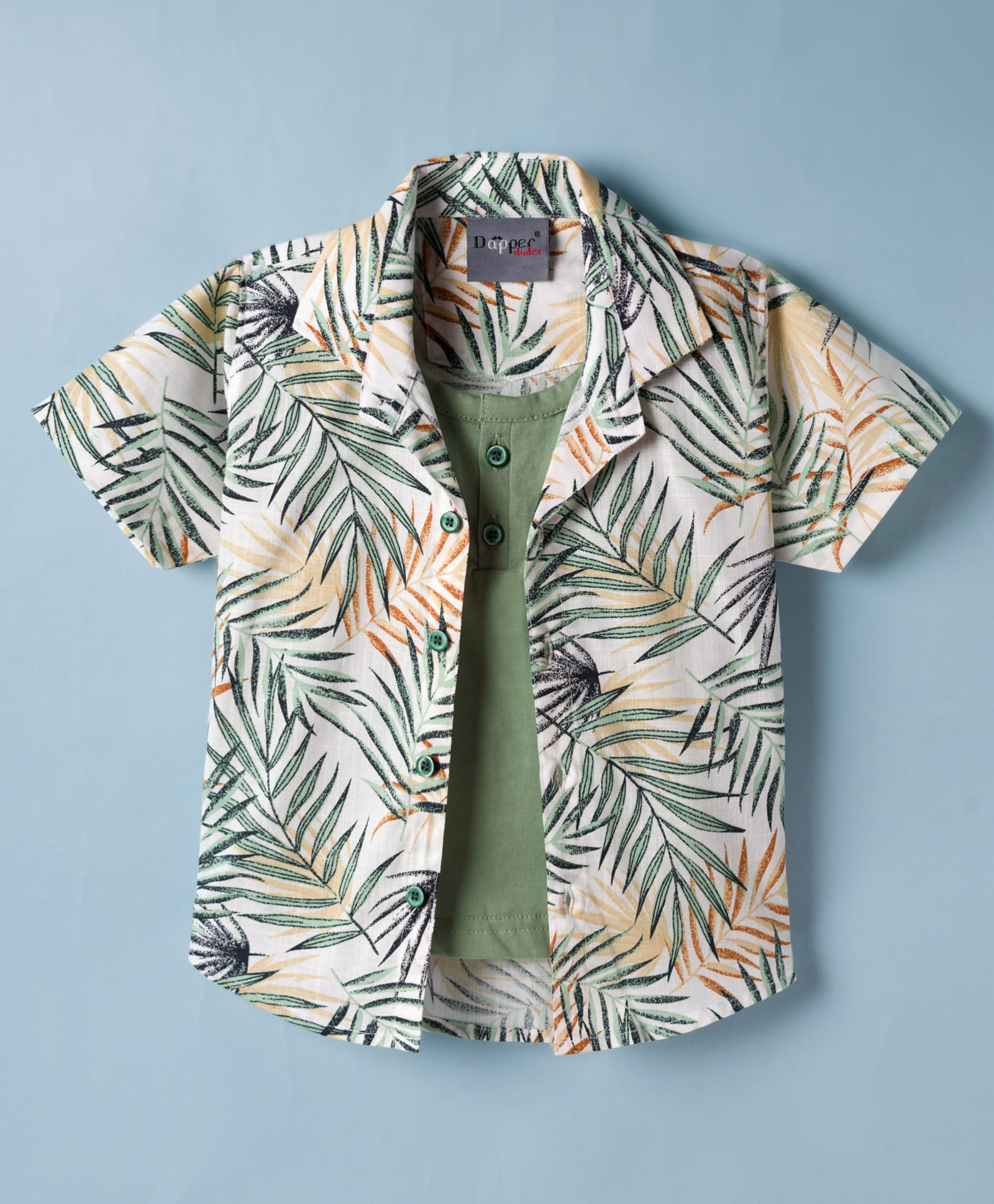 Dapper Dudes Woven Half Sleeves Tropical Theme Printed Shirt with Attached T-Shirt - Green-picture-13