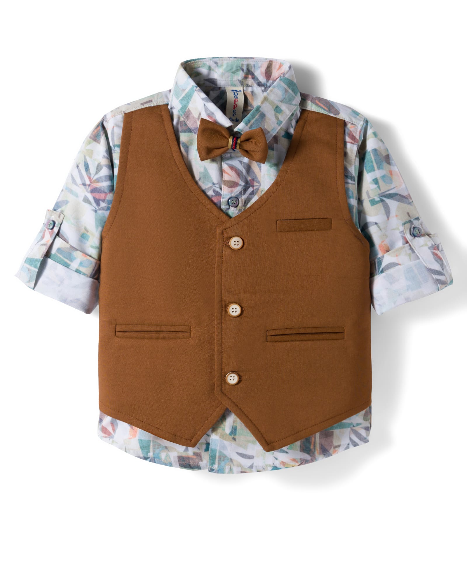 Dapper Dudes Woven Full Sleeves Printed Shirt With Attached Waistcoat - Brown-picture-25