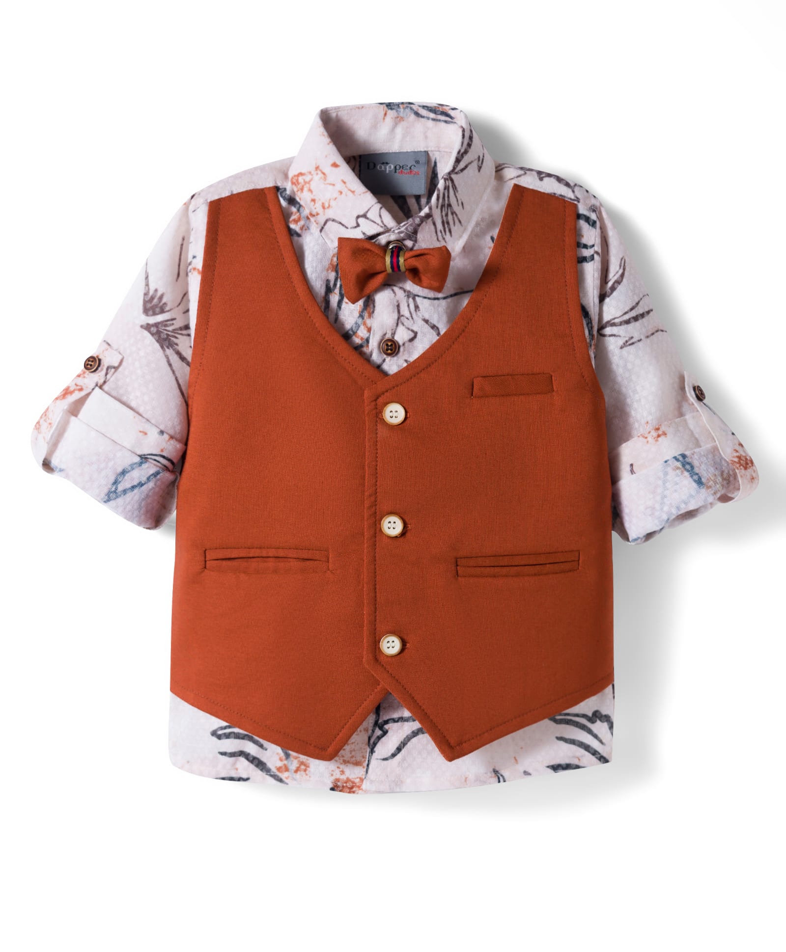 Dapper Dudes Woven Full Sleeves Printed Shirt With Attached Waistcoat & Bow Applique - Rust-picture-15