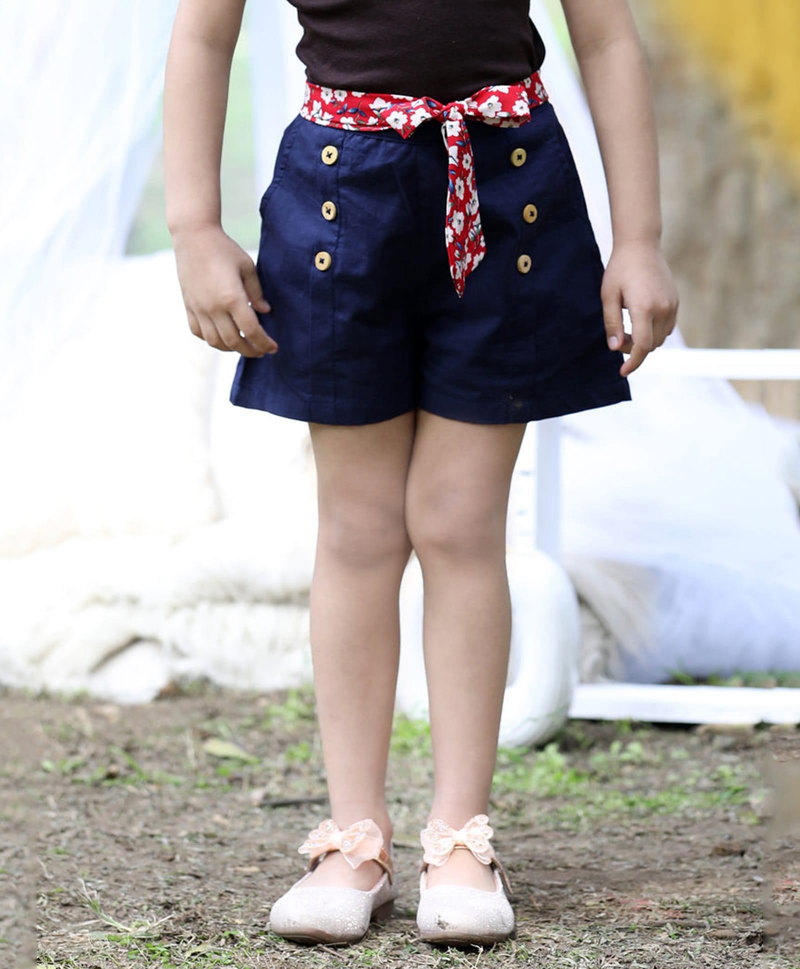Cutiekins Cotton Woven Buttons Applique Tie Up Detailed Shorts - Navy Blue & Red-picture-21