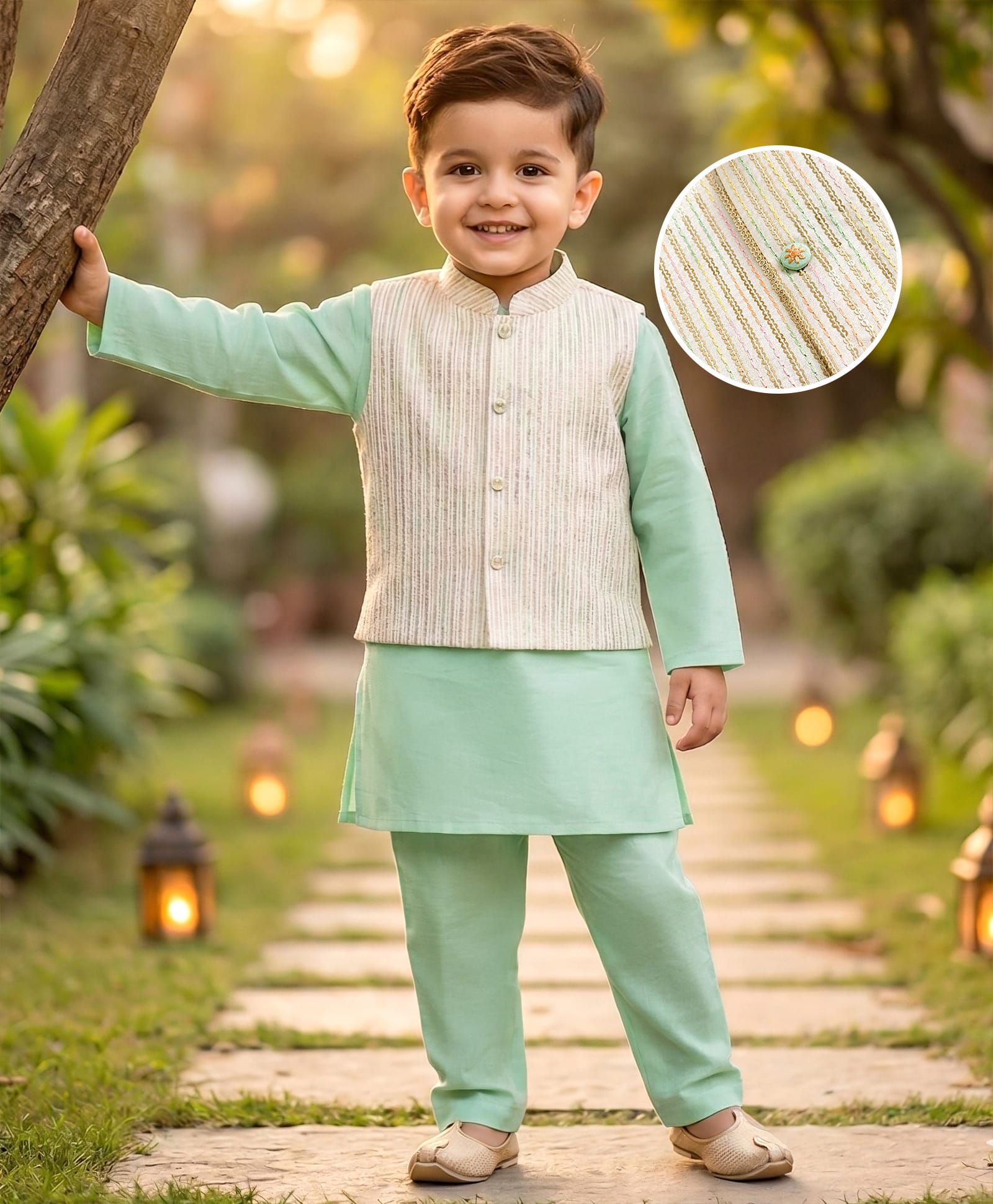 Babyhug Cotton Blend Woven Full Sleeves Solid Kurta Pyjama Set With Embroidered Jacket -light Green-image-19