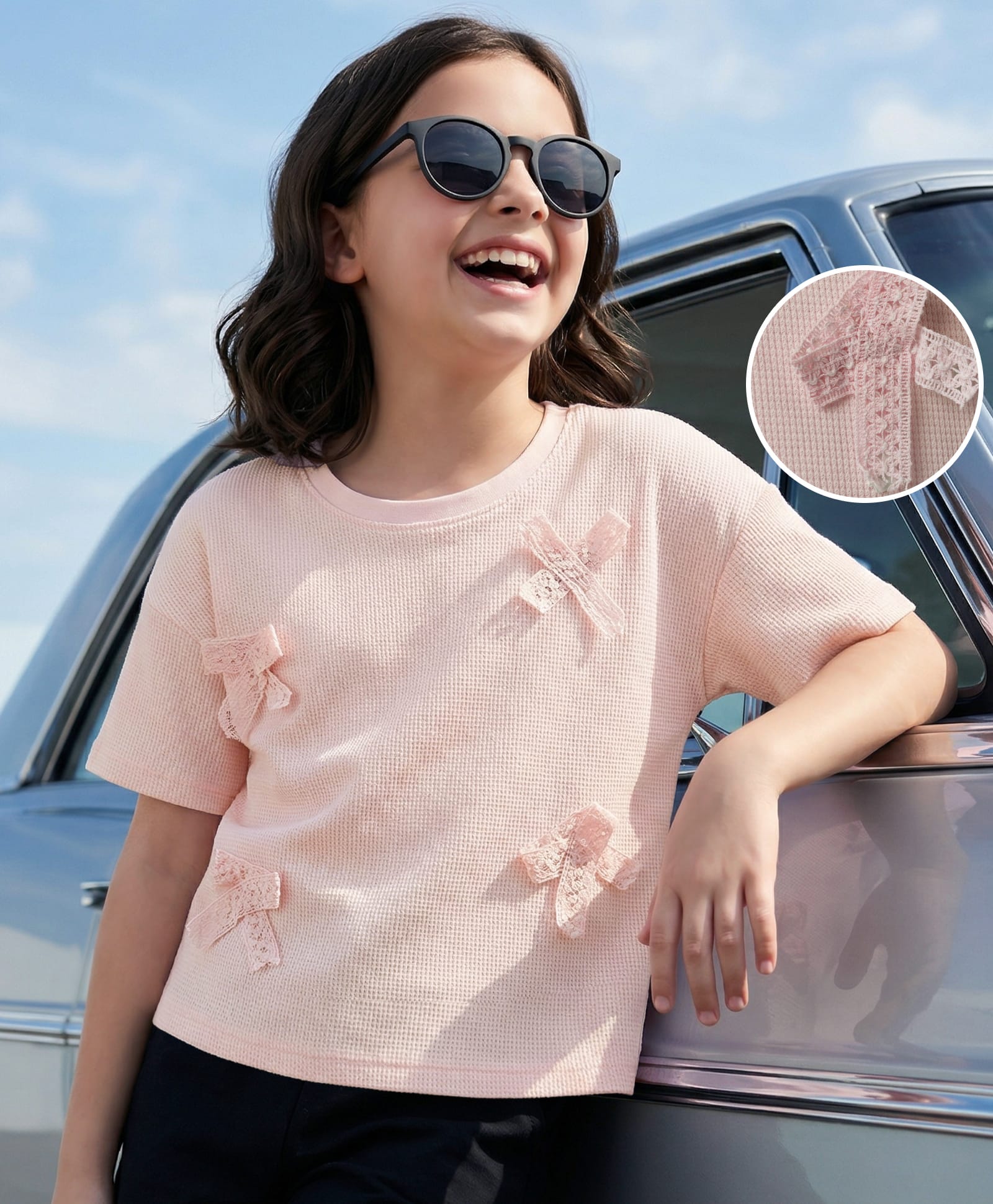 Arias Cotton Waffle Half Sleeves T-Shirt with 3D Bows - Pink-image-14