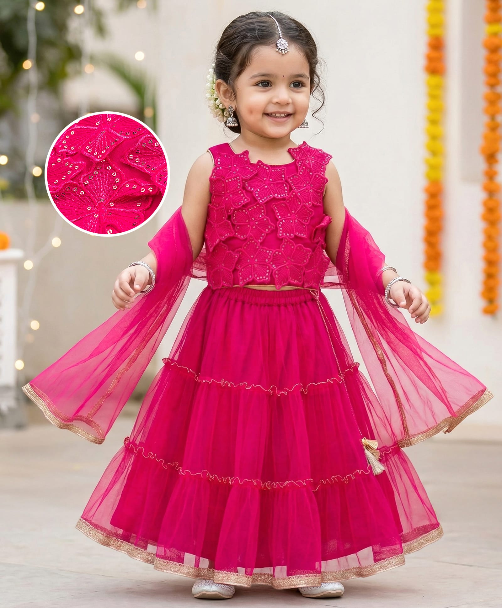 Babyhug Net Woven Sleeveless Embellished Choli & Tiered Lehenga Dupatta Set with Sequin Detailing & Floral Applique - Pink-image-44