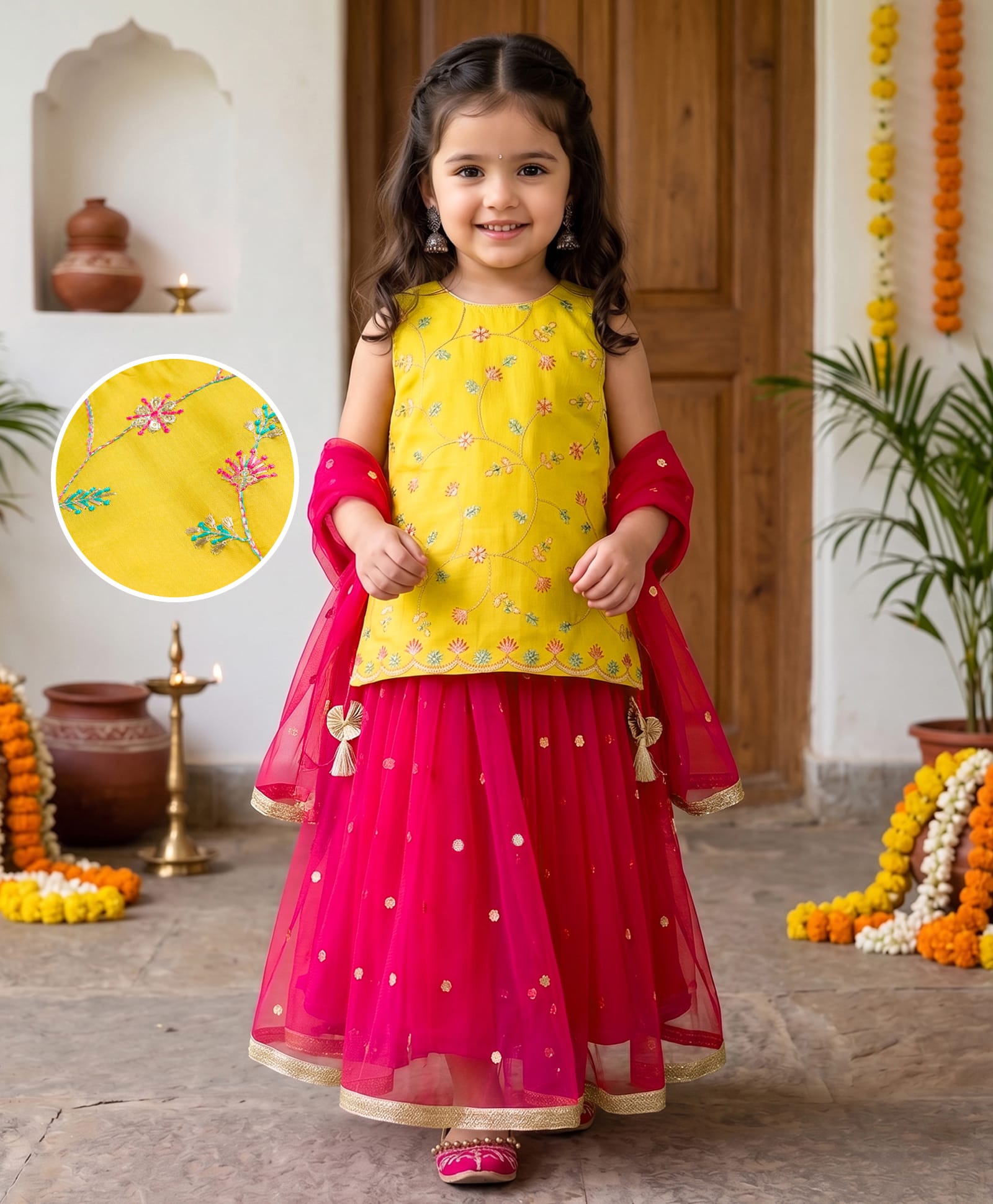 Babyhug Net Woven Sleeveless Chanderi Embroidered Long Choli With Net Lehenga and Dupatta Set- Fuchsia & Lime Green-image-10