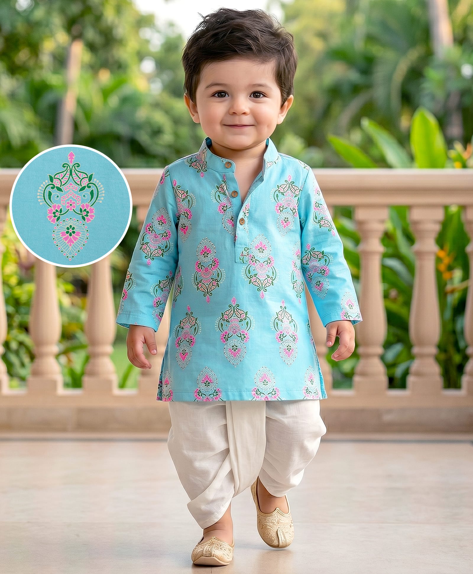 EARTHY TOUCH Cotton Jersey Knit Full Sleeves Floral Printed Dhoti Kurta Set - Light Blue-picture-12