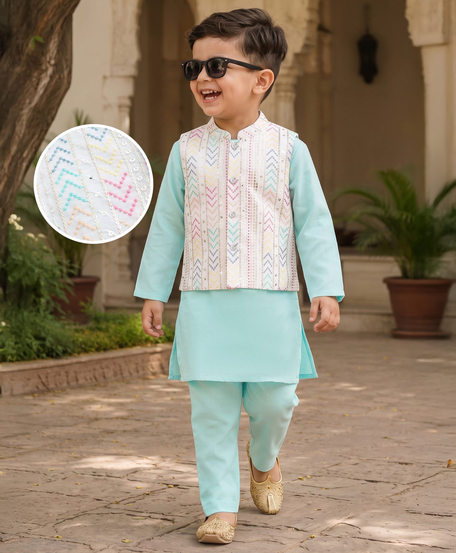 Babyhug Cotton Blend Woven Full Sleeves Kurta Pyjama Set with Embroidered Nehru Jacket - Aqua Blue-image-40