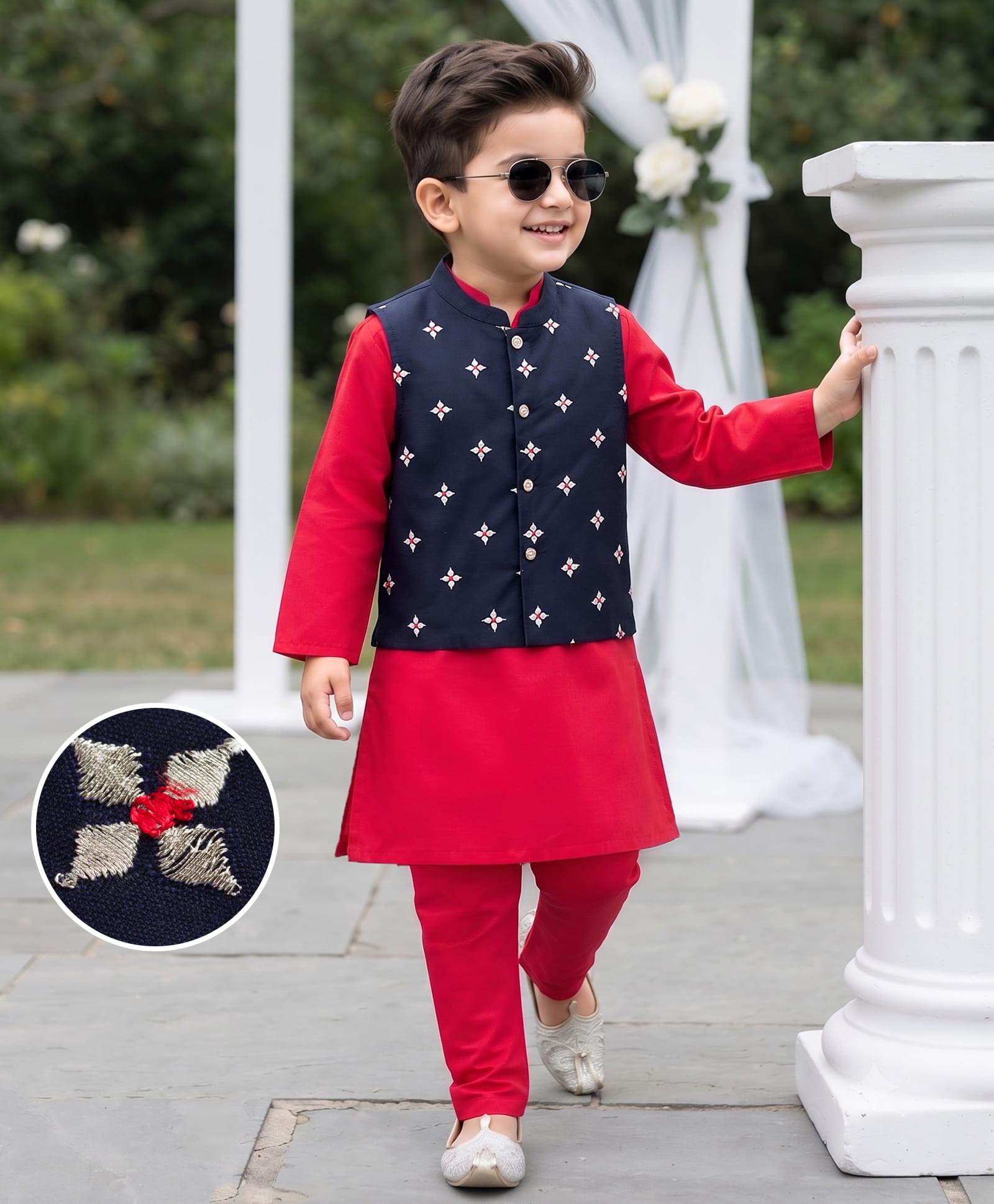 Babyhug Cotton Blend Woven Full Sleeves Solid Kurta Pyjama Set With Floral Embroidered Jacket - Dark Pink & Navy Blue-image-39