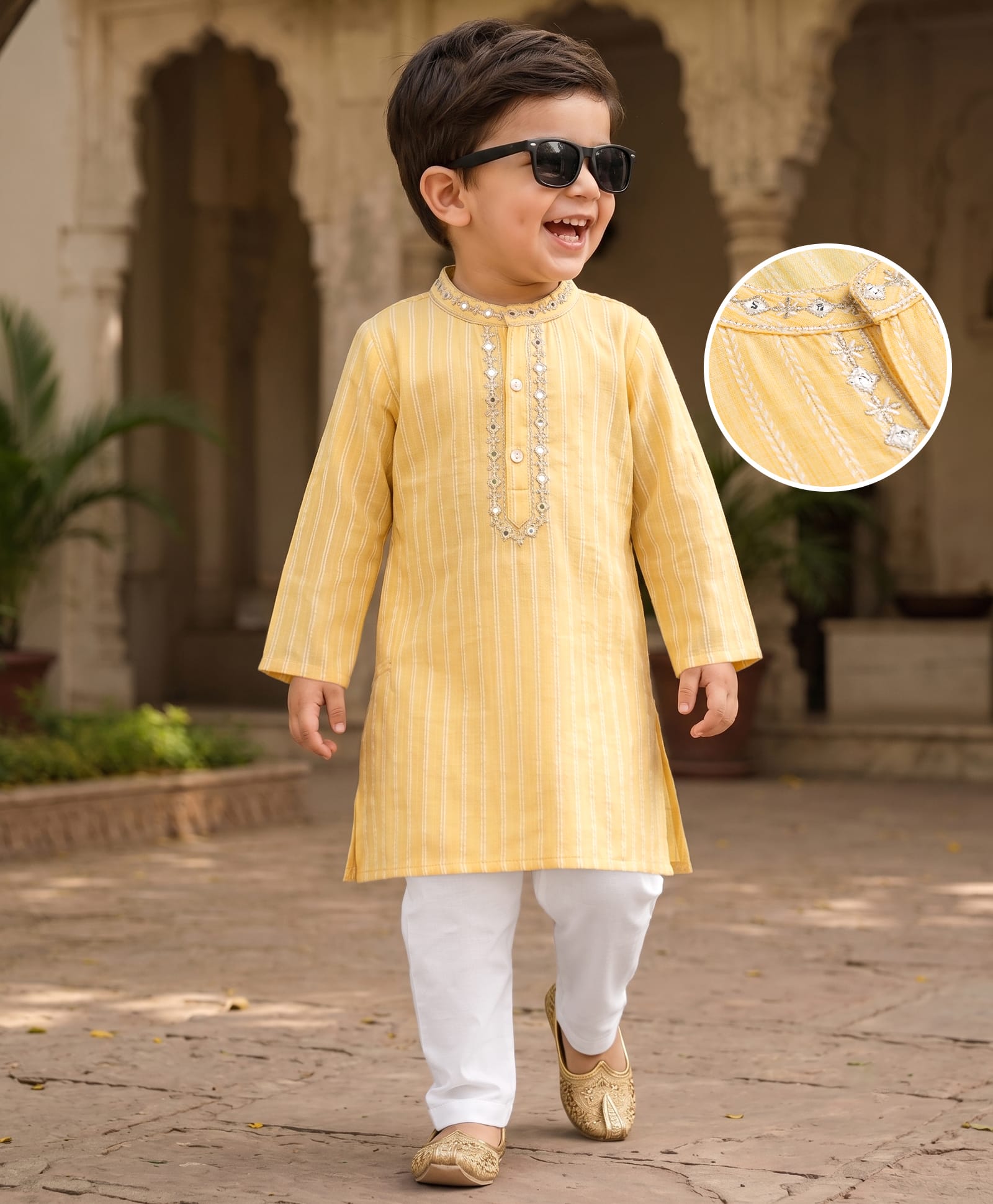 Babyhug Cotton Blend Woven Full Sleeves Striped Kurta Pyjama Set - Yellow-image-33