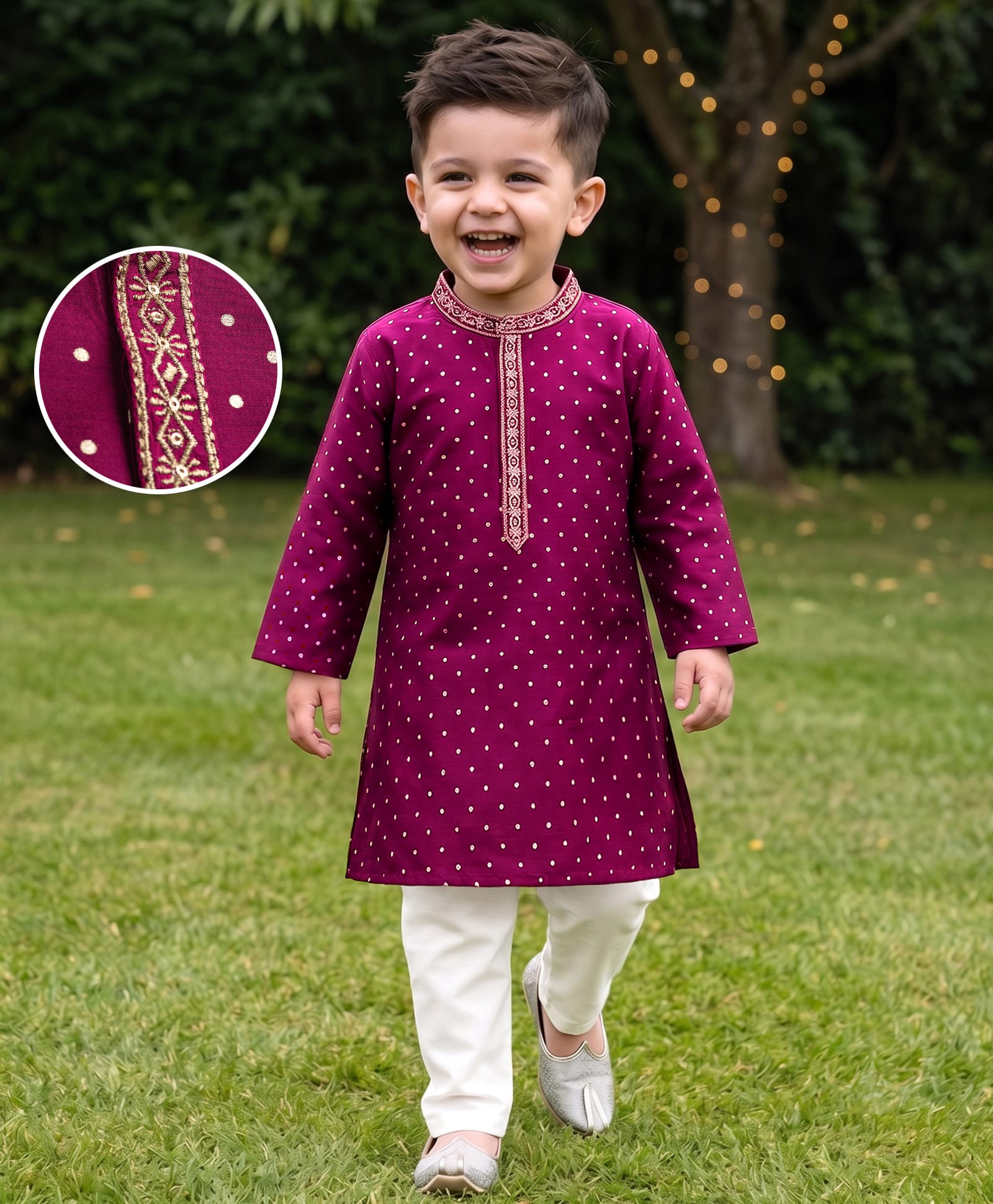Babyhug Cotton Blend Woven Full Sleeves Kurta Pyjama Set with Foil Polka Dot Print - Fuchsia-picture-21