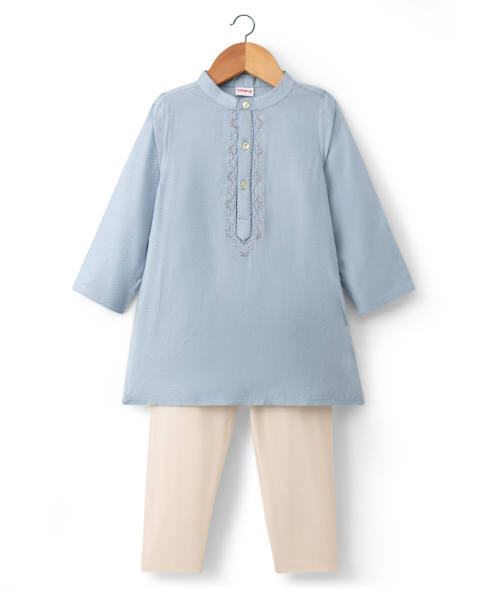 Babyhug Rayon Woven Full Sleeves Floral Embroidered Dobby Solid Kurta Pyjama Set - Light Blue-image-11