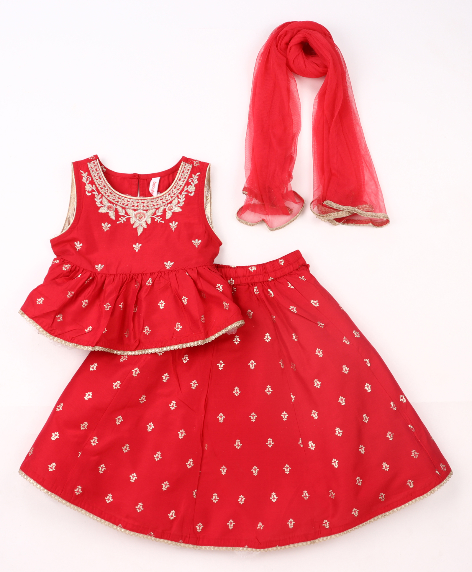 Babyhug Cotton Blend Woven Sleeveless Foil Printed Lehenga Choli Set with Embroidery & Dupatta - Red-image-8