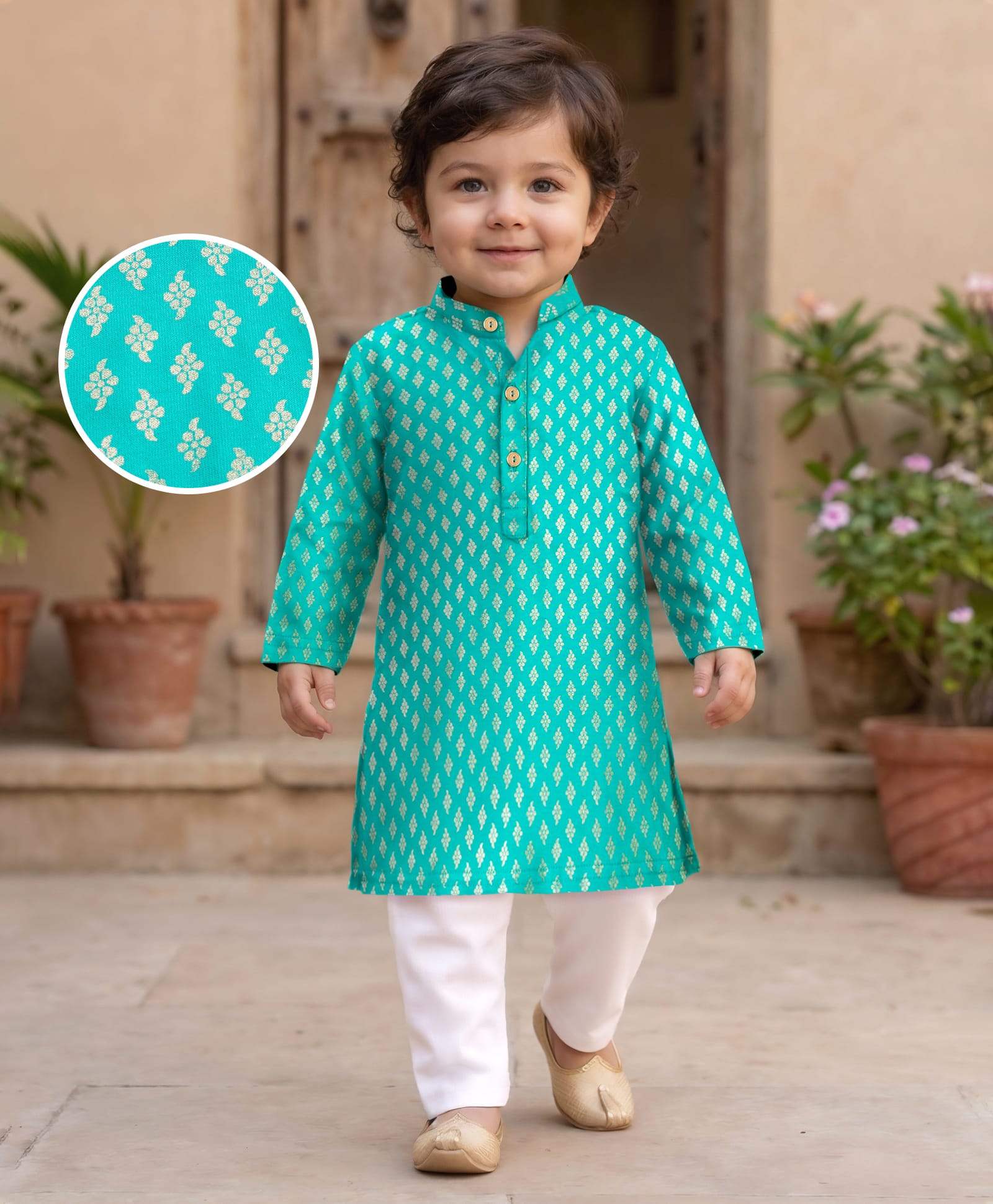 EARTHY TOUCH 100% Cotton Knit Full Sleeves Floral Foil Printed Kurta & Pyjama Set - Aqua Blue-image-46