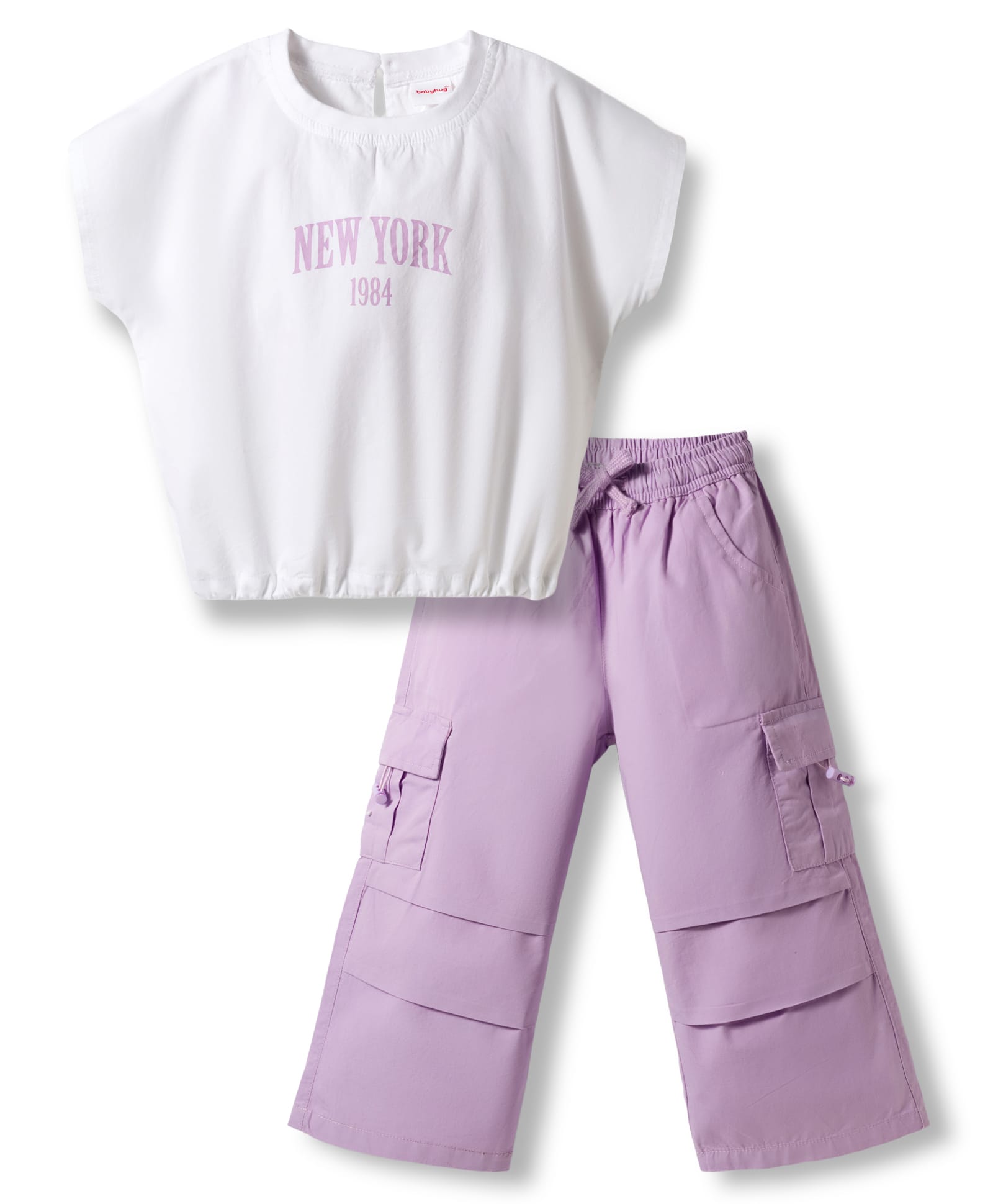 Babyhug Cotton Woven Half Sleeves Text Printed Top & Pant Set - White & Lilac-image-40