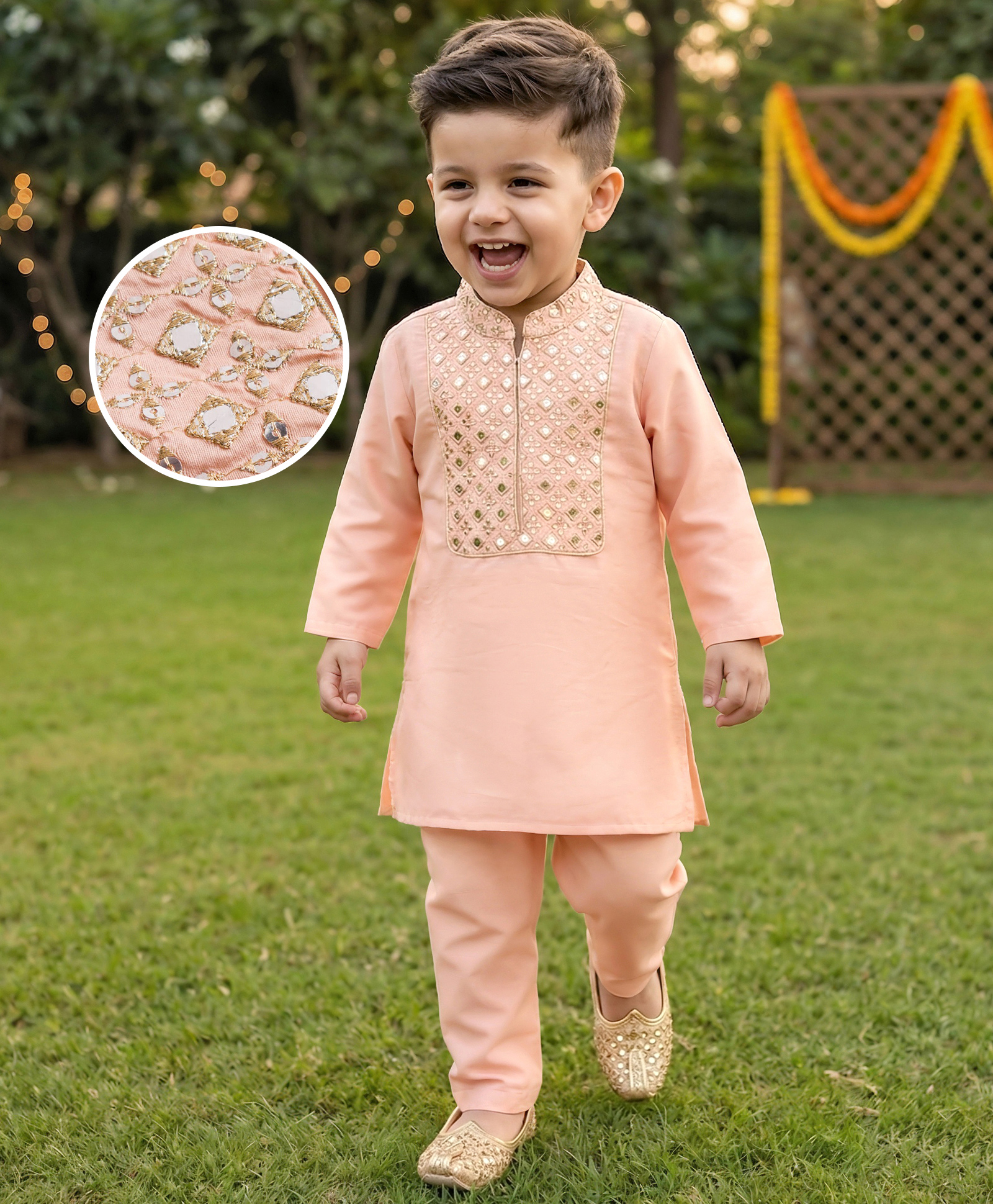 Babyhug Cotton Blend Woven Full Sleeves Solid Color Kurta Pajama Set with Embroidery - Peach-picture-14