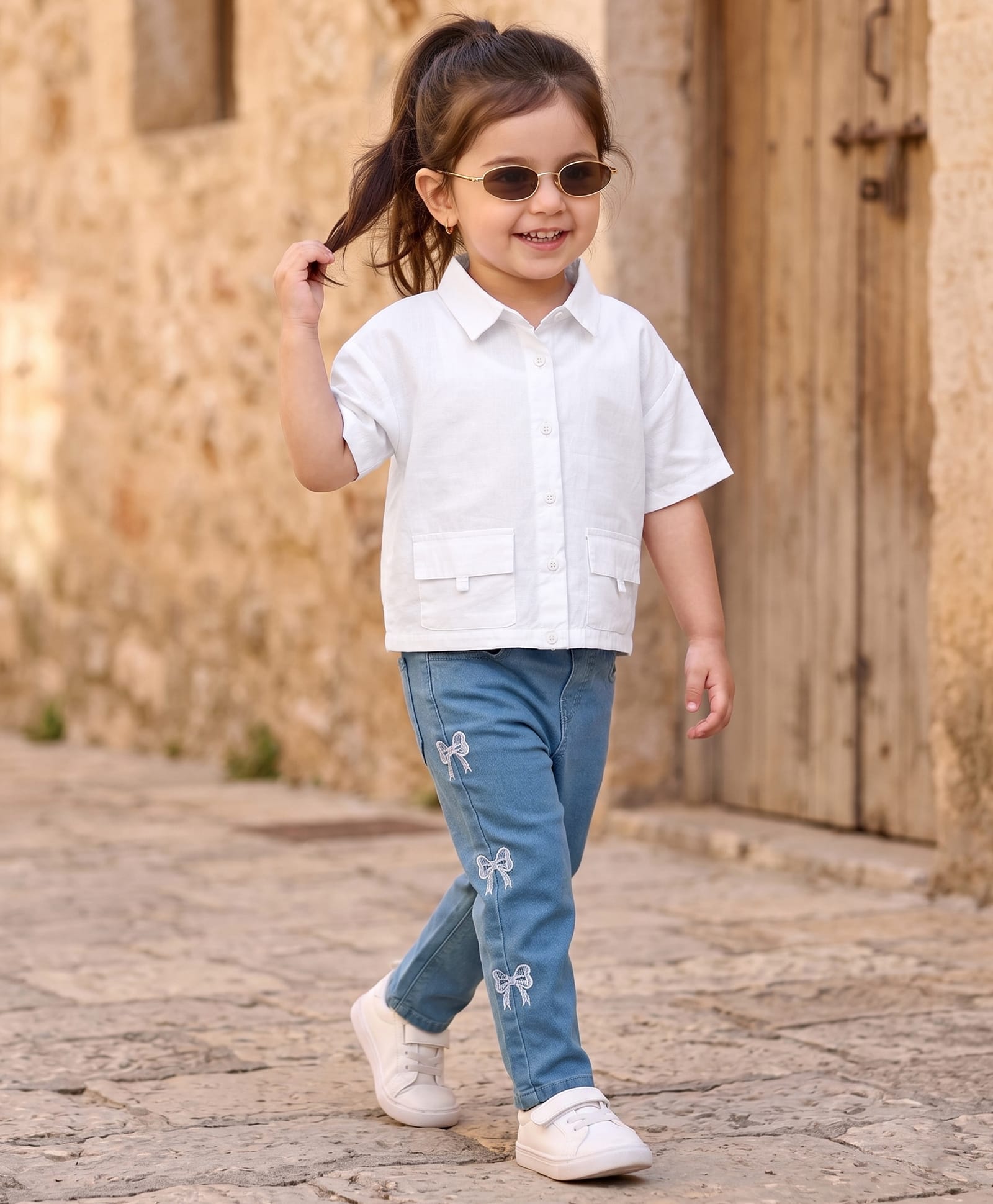 Babyhug Cotton Woven Half Sleeves Top & Jeans Set With Bow Embroidery - White & Light Blue-image-6