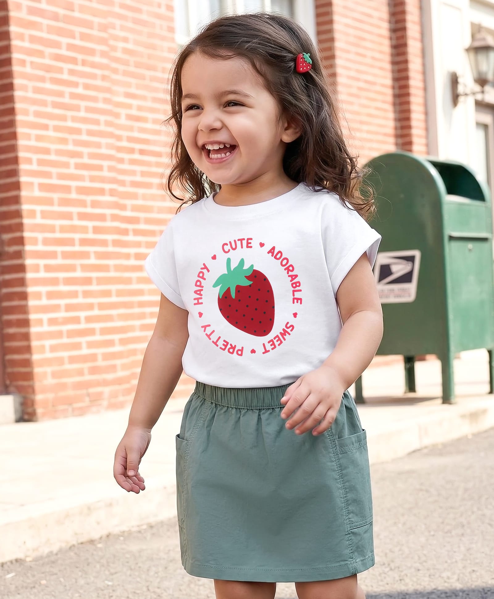 Babyhug Single Jersey Knit Half Sleeves T-Shirt & Skirt Set With Strawberry Print - White & Green-image-9