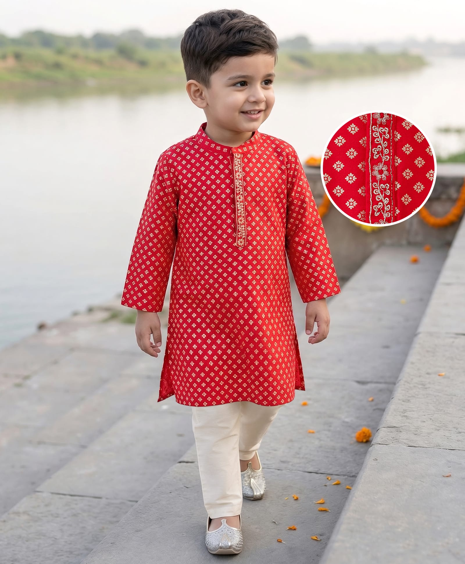 Babyhug Cotton Blend Woven Full Sleeves Kurta Pajama Set with Floral Foil Print - Red-picture-28