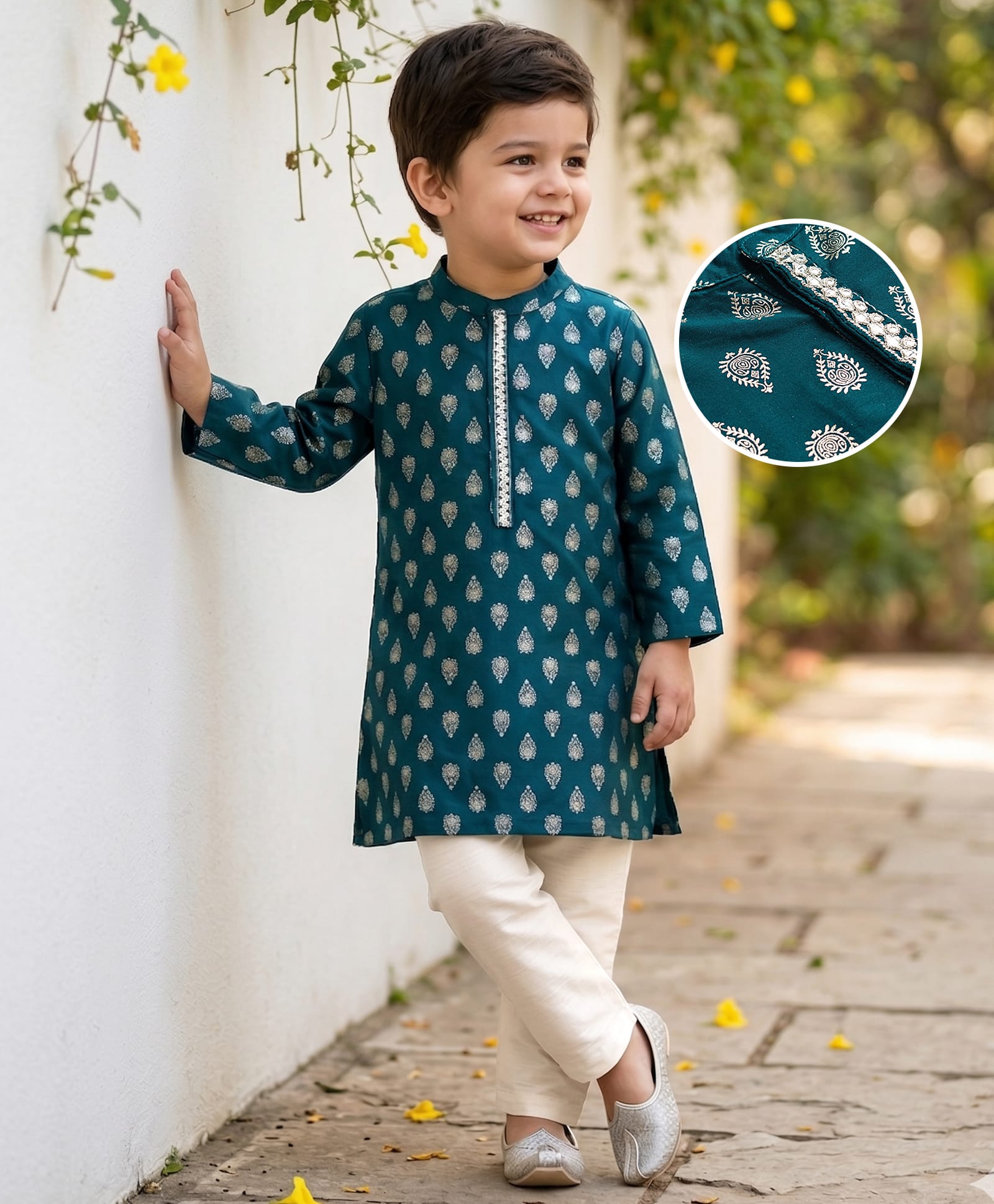 Babyhug Cotton Blend Woven Full Sleeves Kurta Pajama Set with Motif Foil Print - Navy Blue-image-29