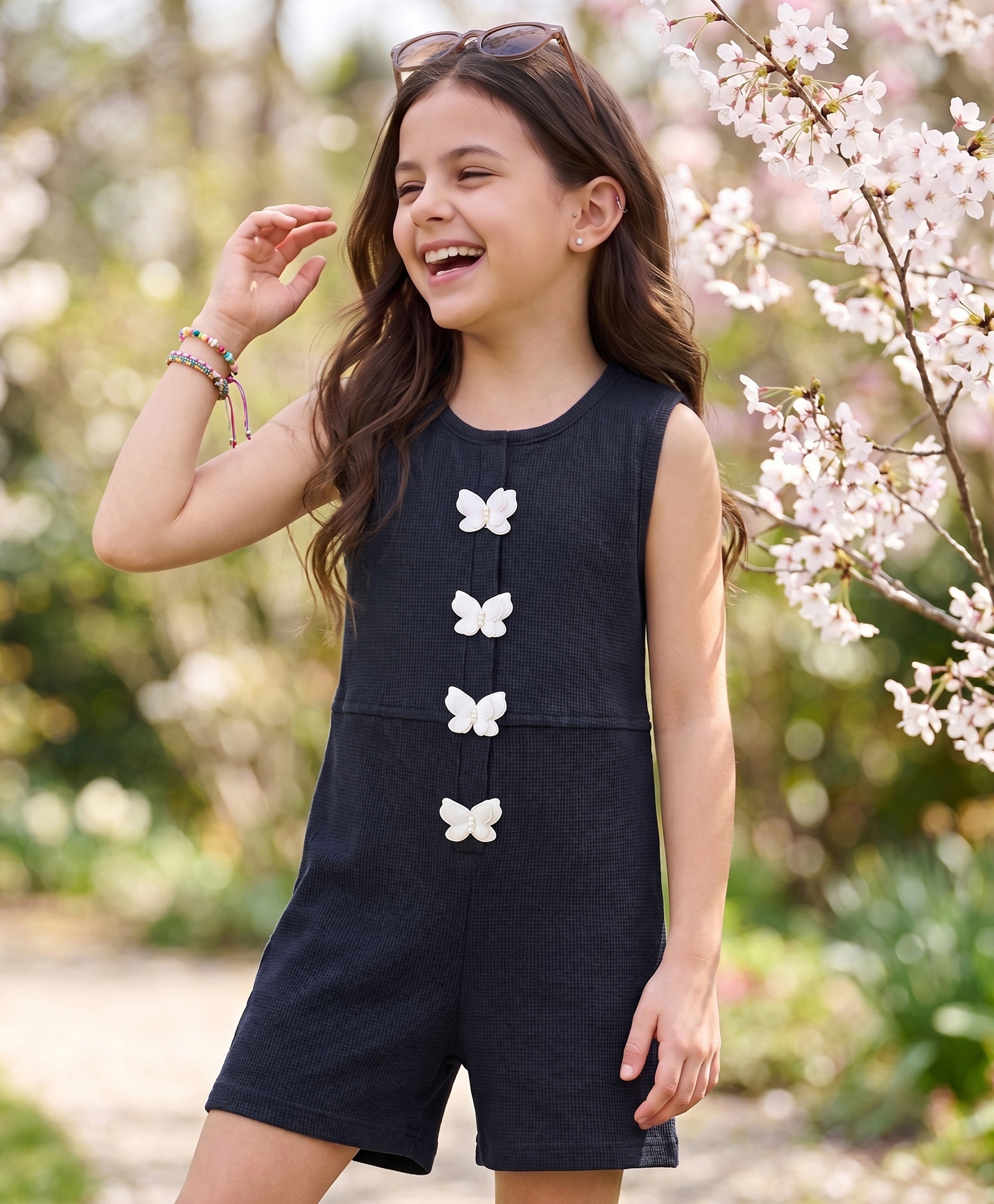 Arias 100% Cotton Knit Sleeveless Jumpsuit With Butterfly Applique - Navy Blue-image-12