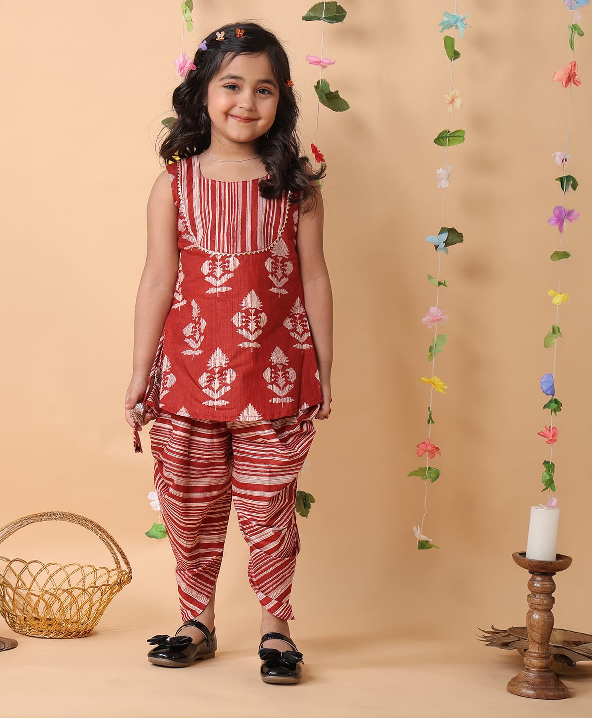 Kinder Kids Cotton Woven Sleeveless Abstract Printed Kurti & Dhoti Set - Red-image-48