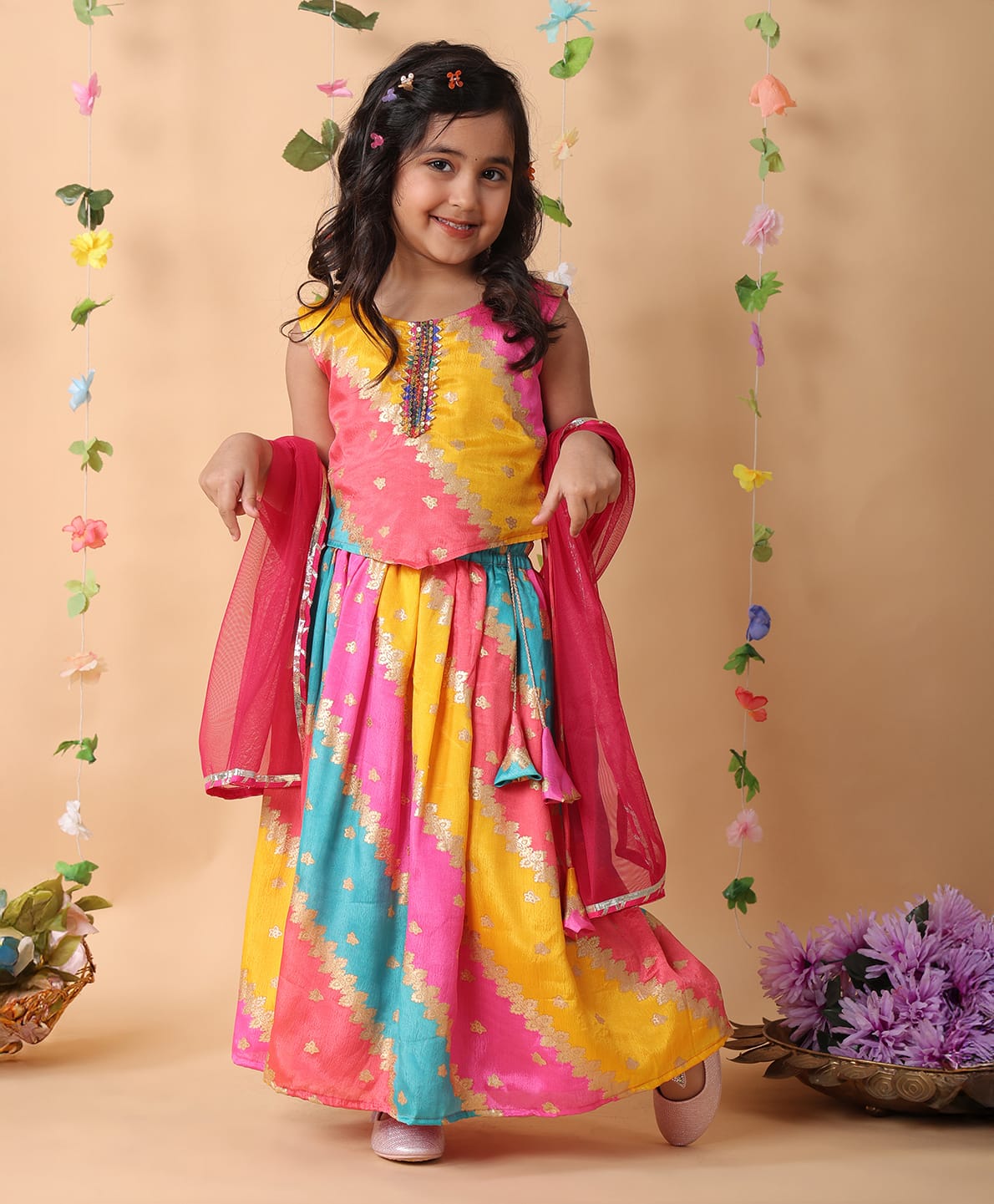 Kinder Kids Cotton Woven Sleeveless Ombre Ethnic Floral Design Foil Printed Coordinating Top & Lehenga Set With Dupatta - Pink-image-35