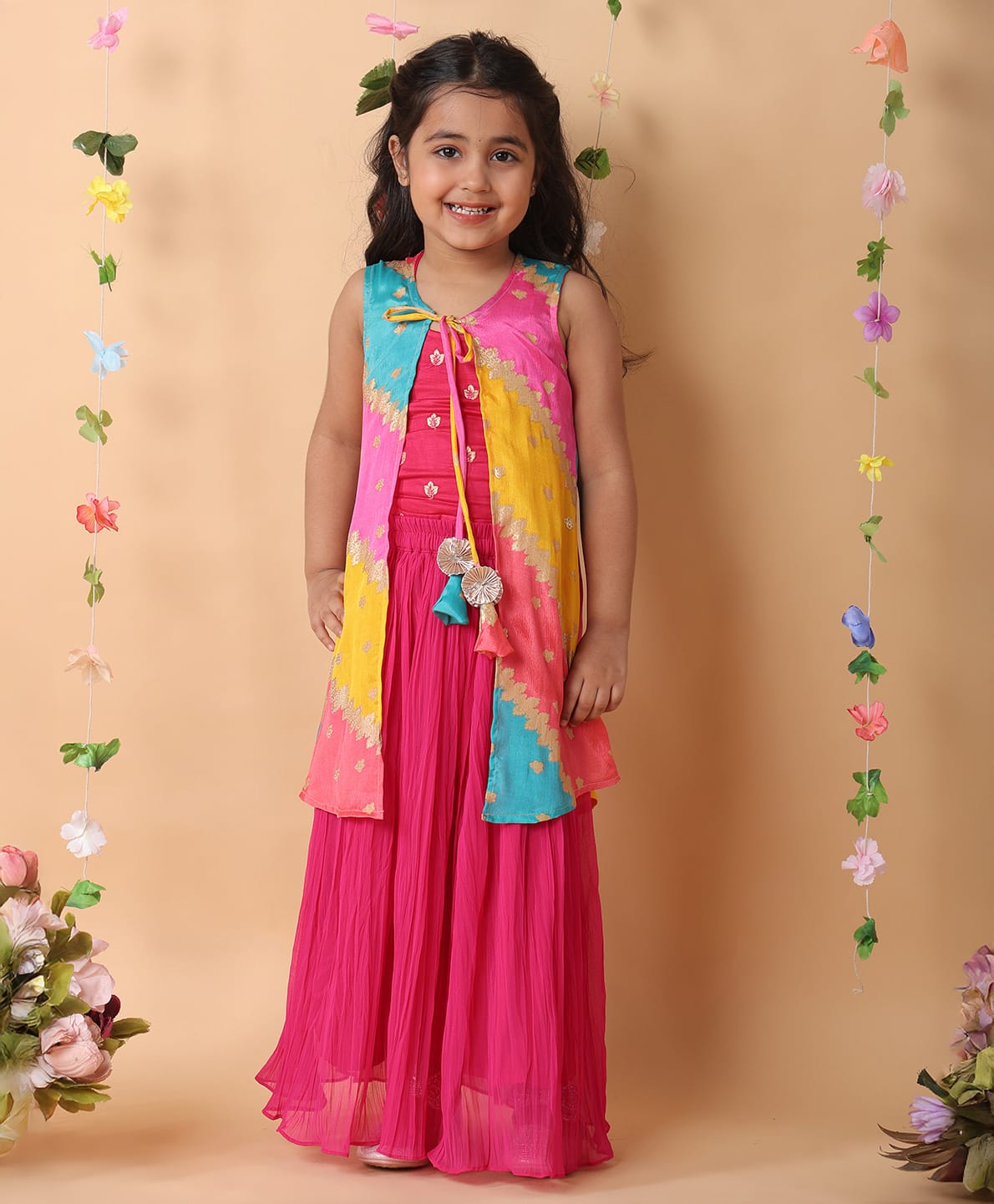 Kinder Kids Cotton Woven Floral Embroidered Lehenga Choli With Full Sleeves Jacket Set - Pink-image-14