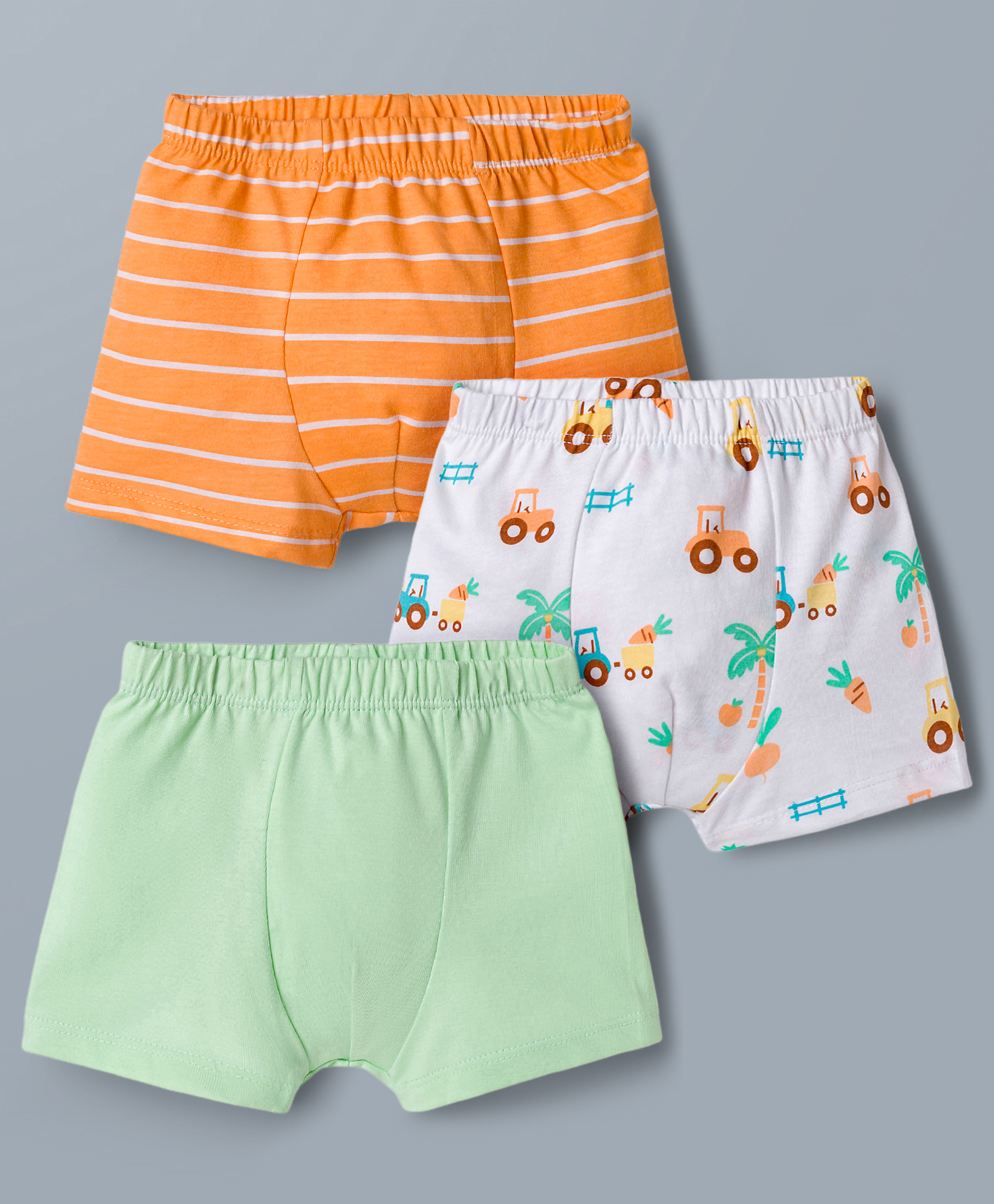 Babyhug 100% Cotton Knit Striped & Tractor Printed Trunks Pack of 3 - Multicolor-image-38
