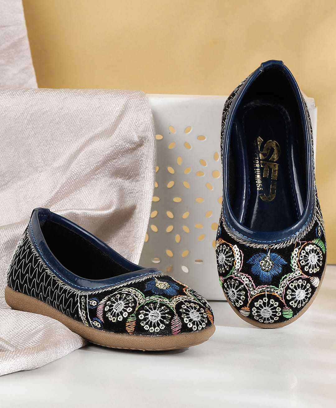 SHOES FOR JUNIORS Floral Thread Work Embroidered & Sequins Embellished Mojaris - Navy