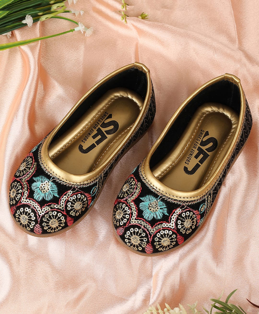 SHOES FOR JUNIORS Floral Thread Work Embroidered & Sequins Embellished Mojaris - Gold