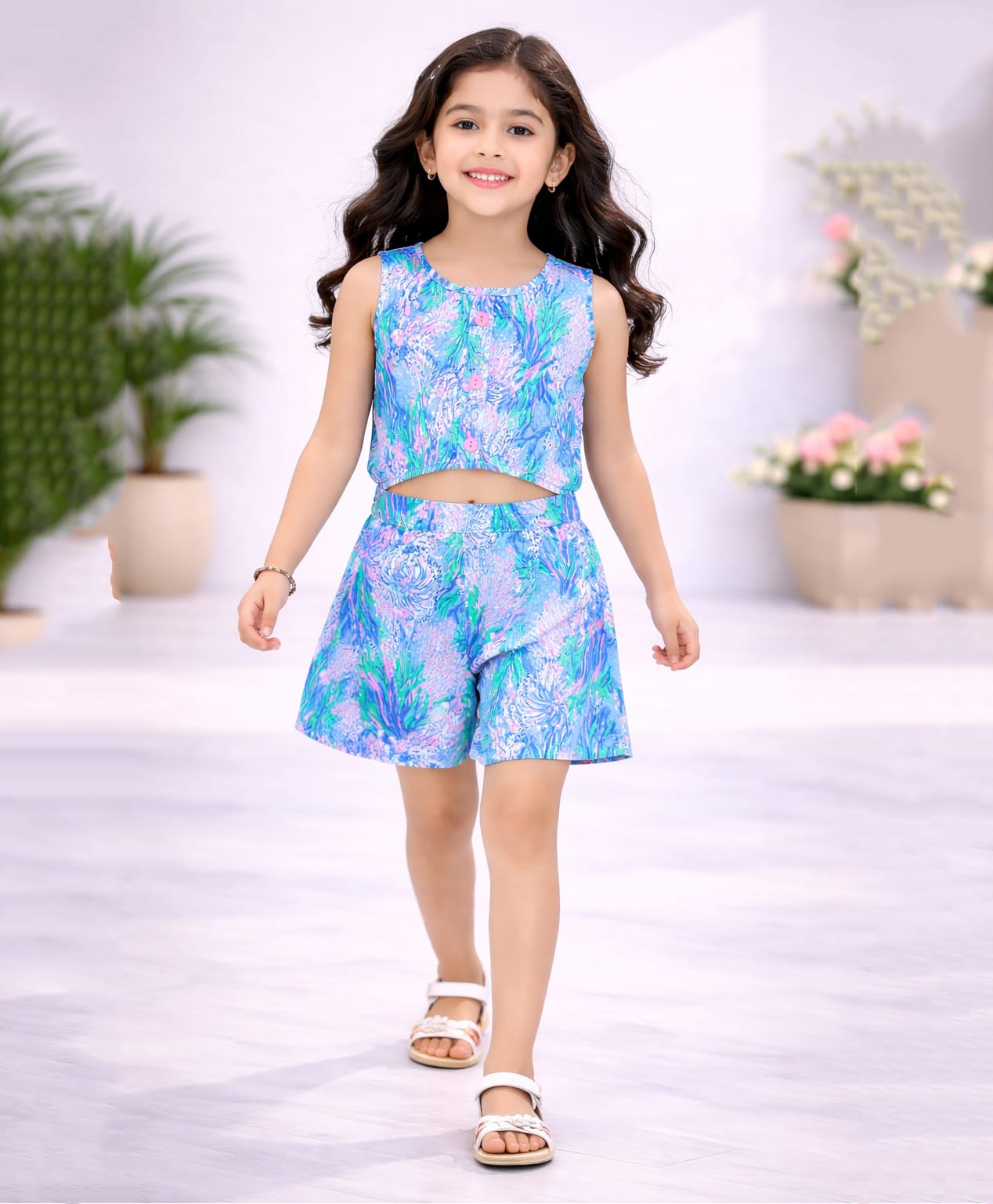 Tiara Cotton Knit Sleeveless Abstract Printed Jumpsuit - Blue-image-46