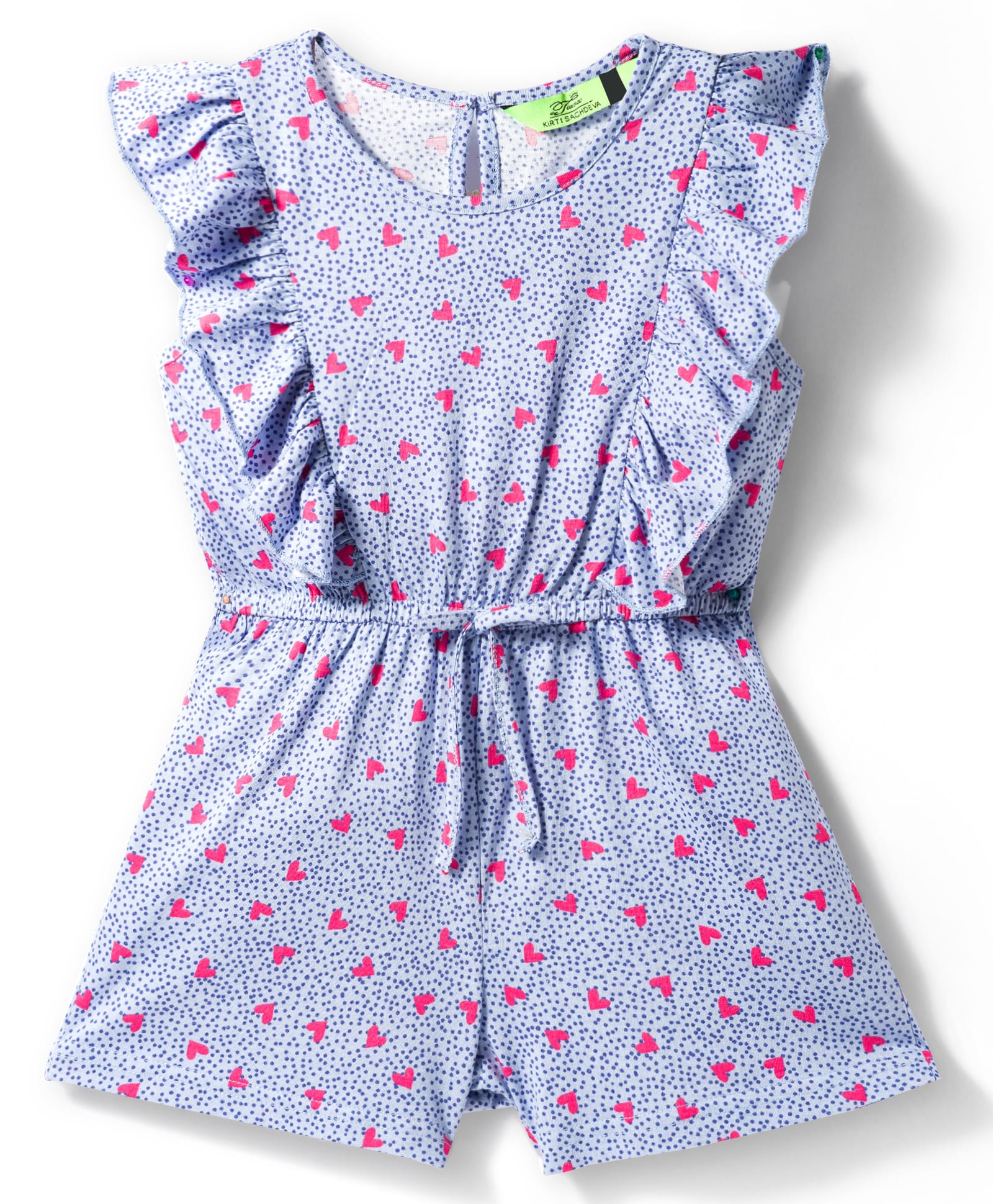 Tiara Cotton Modal Knit Sleeveless Hearts Printed Ruffle Detailed Jumpsuit - Blue-picture-13