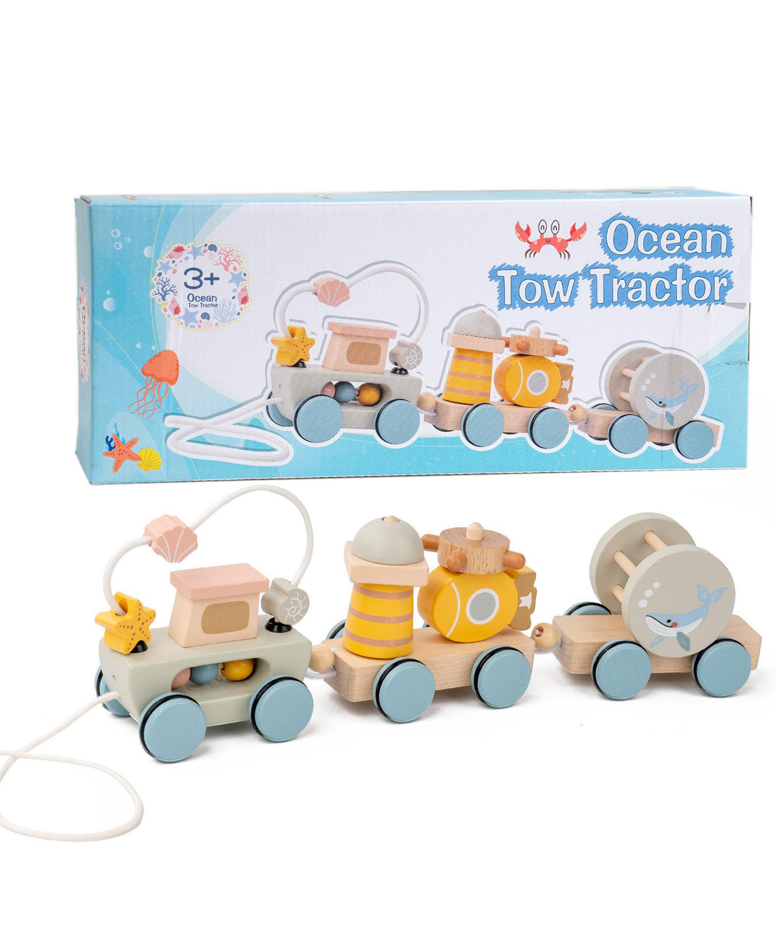 YAMAMA Ocean Tow Tractor Toys For Kids, Wooden Children Learning Toys, Kids Educational Animal Train Trailer Montessori Creative Stacking Blocks, Wooden Animal Pull-Along Train Blocks - Multicolor-image-5