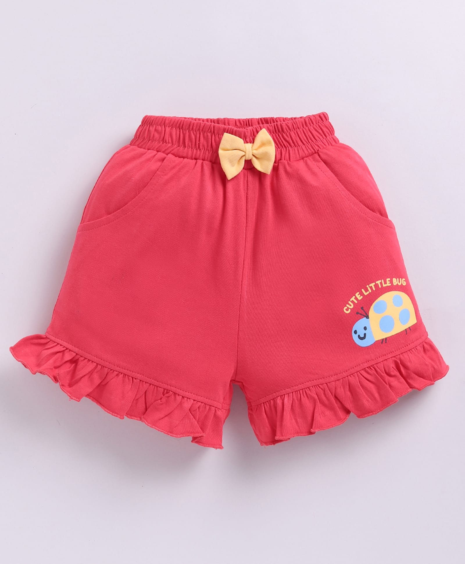 Kidcity Cotton Sinker Knit Bug Printed Bow Applique Detailed Shorts - Light Red-image-7
