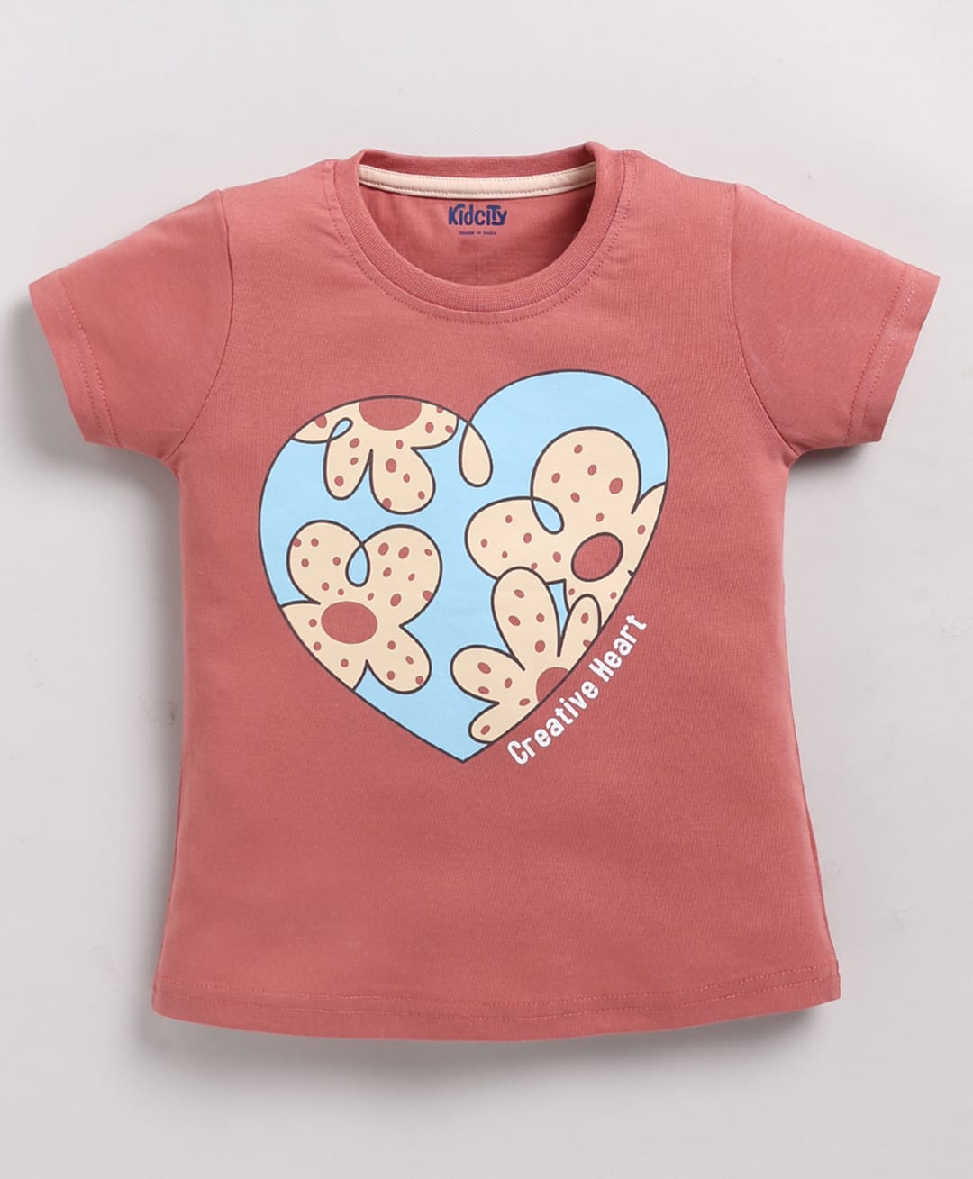 Kidcity Cotton Sinker Knit Half Sleeves Heart & Floral Printed Top - Dark Peach-picture-32