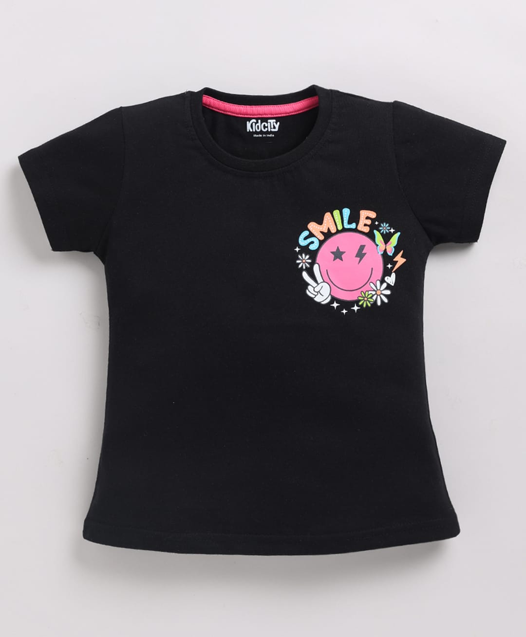 Kidcity Cotton Sinker Knit Half Sleeves Smile Text Printed Top - Black-picture-17