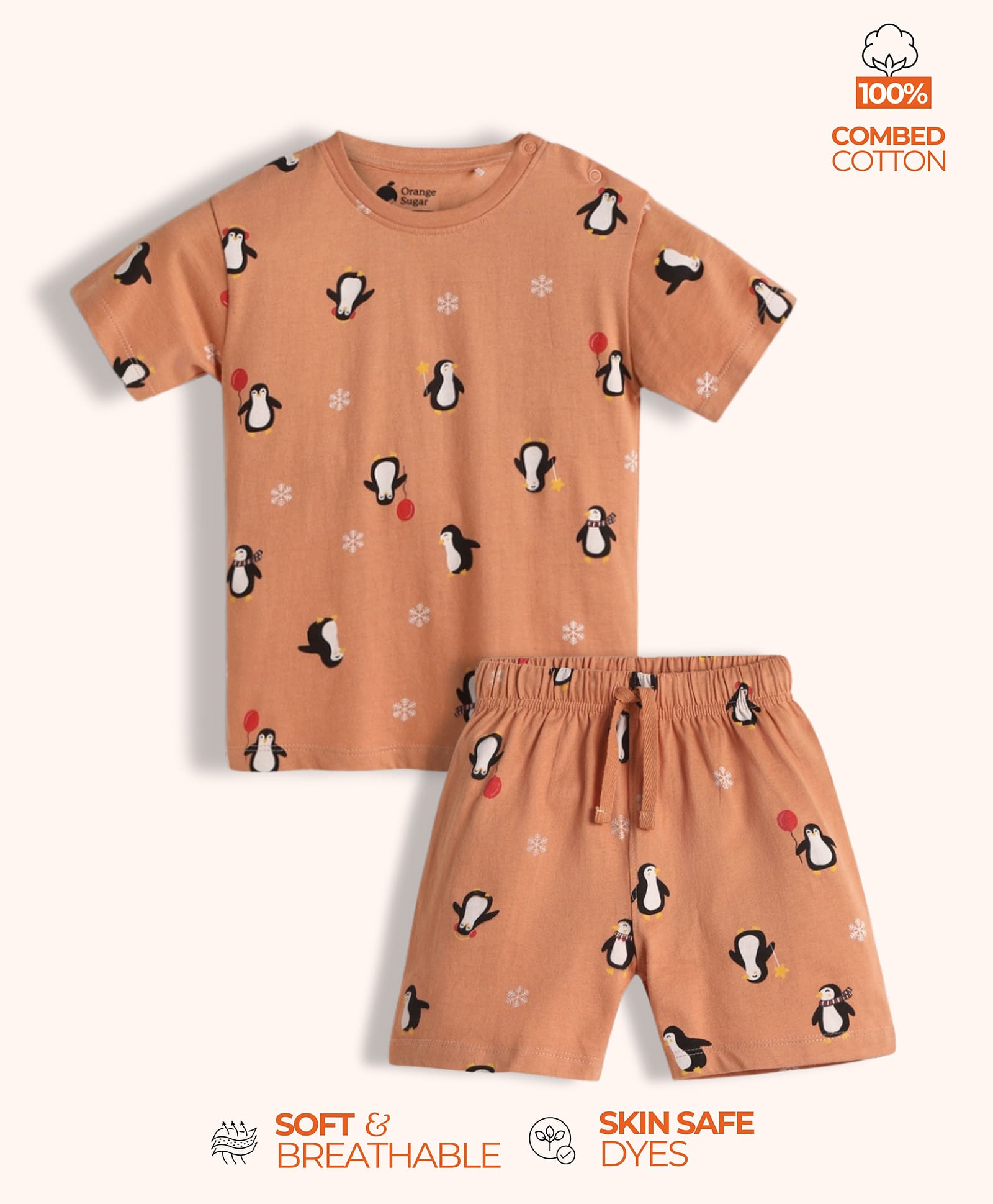 Orange Sugar 100% Cotton Knit Half Sleeves Penguin Printed Coordinating Tee & Shorts Night Suit - Brown-image-32