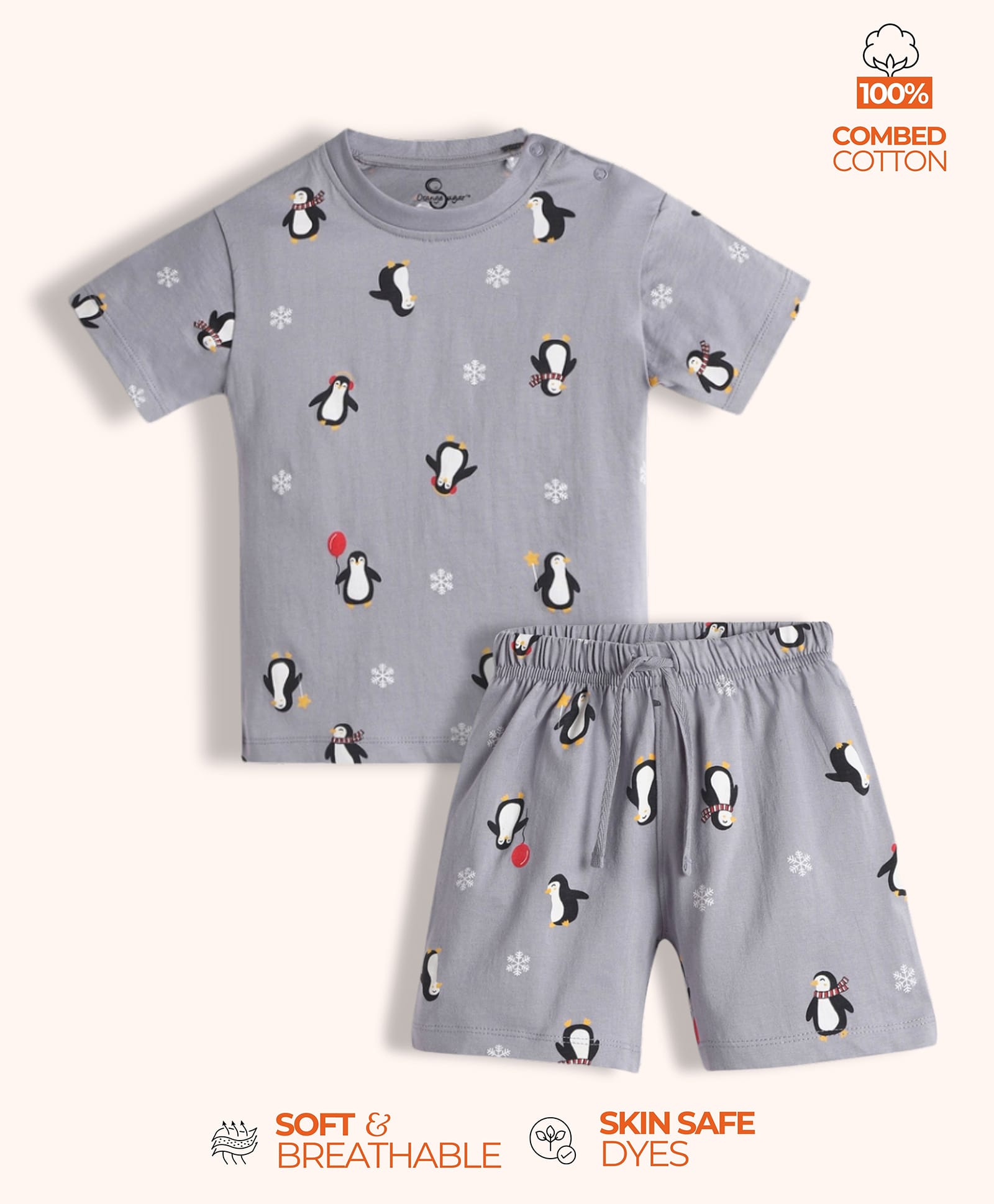 Orange Sugar 100% Cotton Knit Half Sleeves Penguin Printed Coordinating Tee & Shorts Night Suit - Grey-image-30