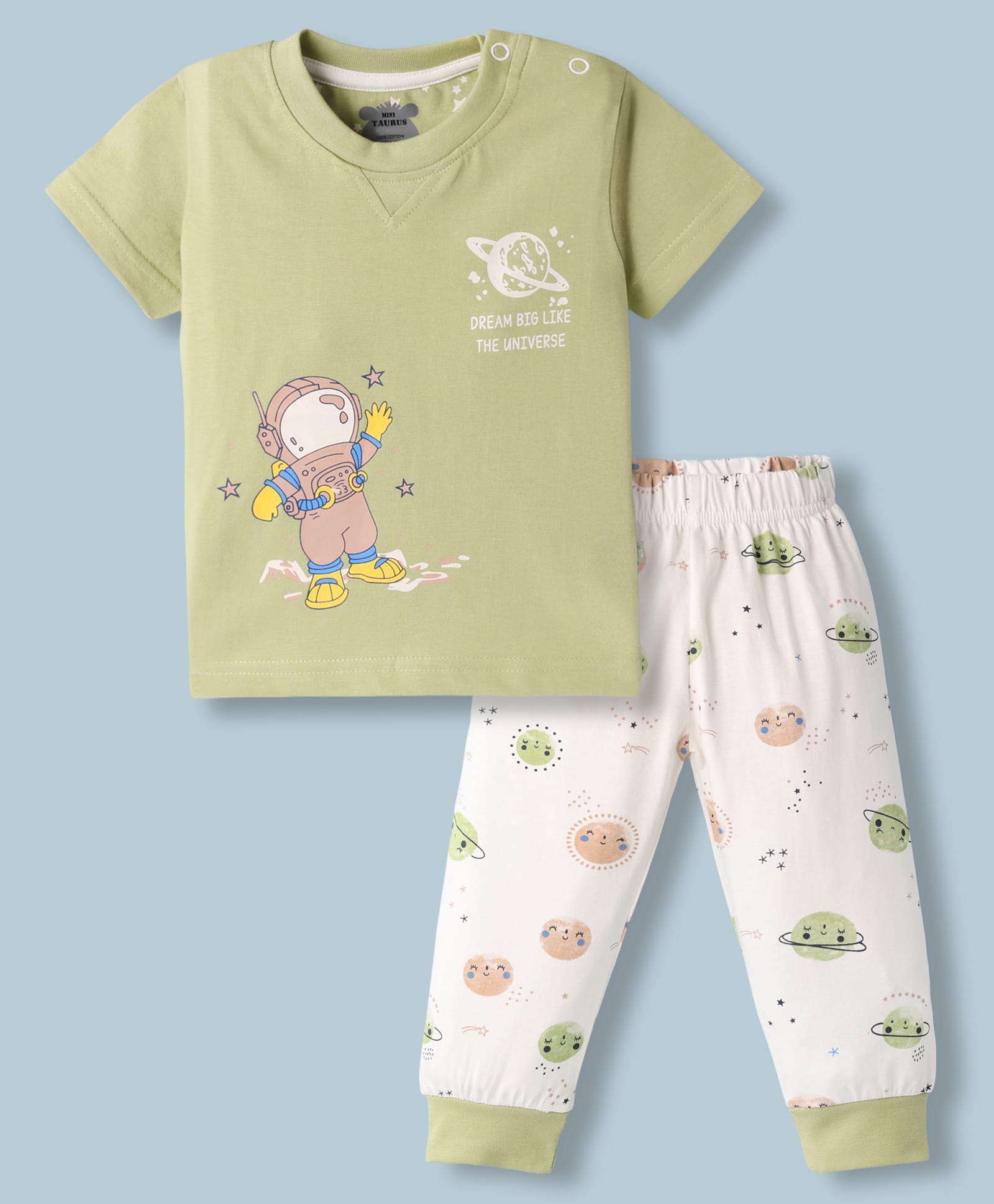 Mini Taurus Sinker Knit Half Sleeves T-Shirt & Pyjama Night Suit With Astronaut Print - Light Green-picture-36