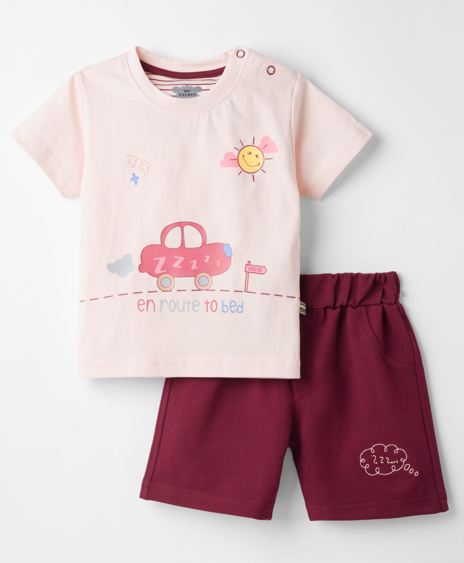 Mini Taurus Sinker Knit Half Sleeves T-Shirt & Shorts Night Suit With Car Print - Peach-picture-44