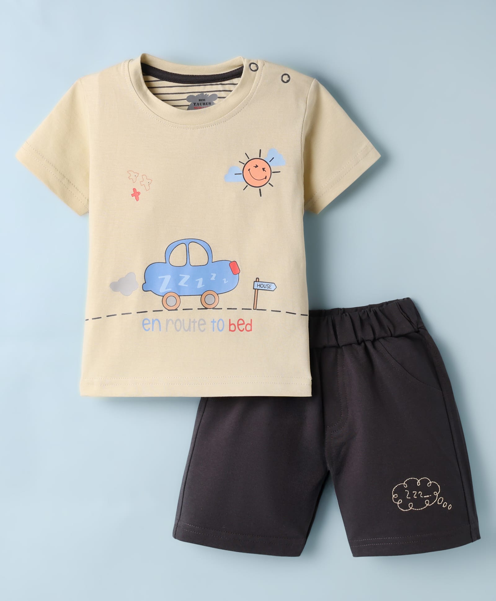 Mini Taurus Sinker Knit Half Sleeves T-Shirt & Shorts Night Suit With Car Print - Sea Green-picture-29