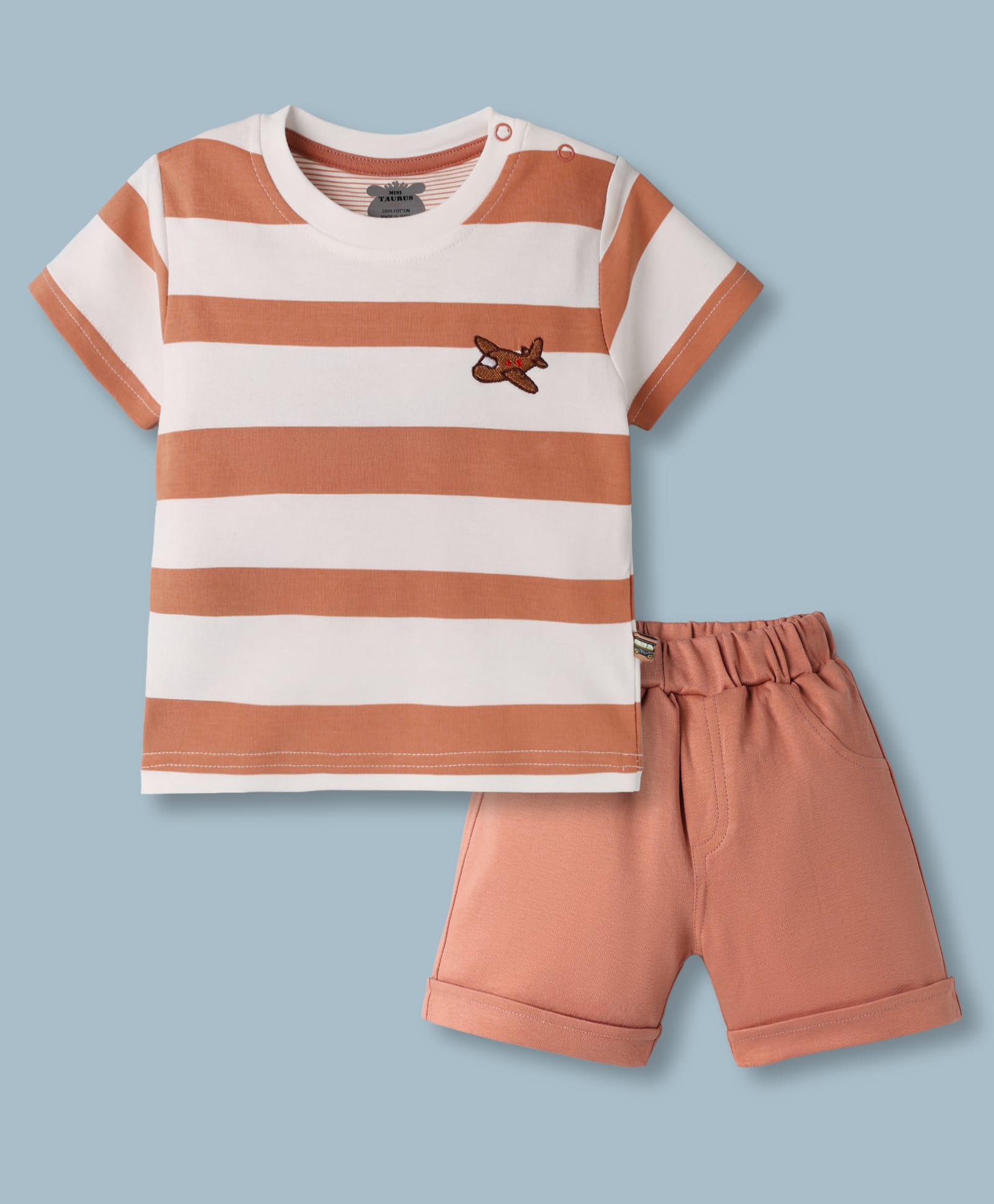 Mini Taurus Sinker Knit Half Sleeves T-Shirt & Shorts Night Suit With Airplane Embroidery - Rust Orange-picture-16