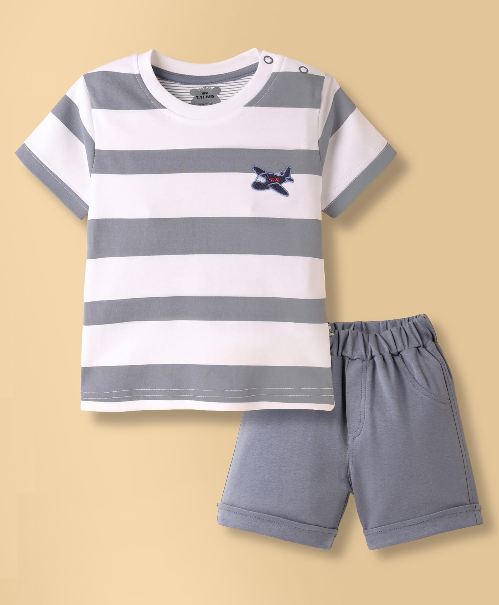 Mini Taurus Sinker Knit Half Sleeves T-Shirt & Shorts Night Suit With Airplane Embroidery - Grey-picture-18