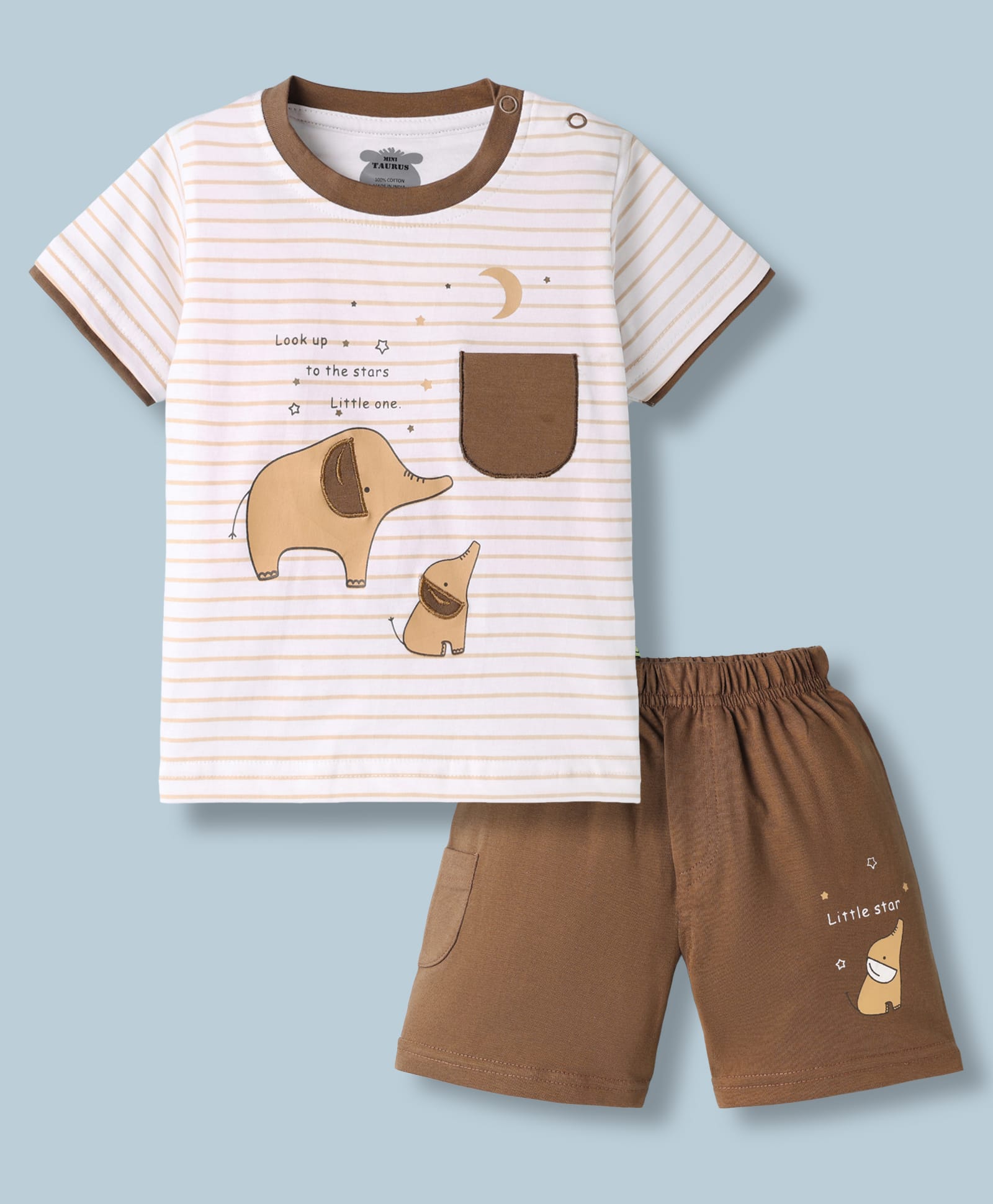 Mini Taurus Sinker Knit Half Sleeves T-Shirt & Shorts Night Suit with Elephant Print - Brown-image-44
